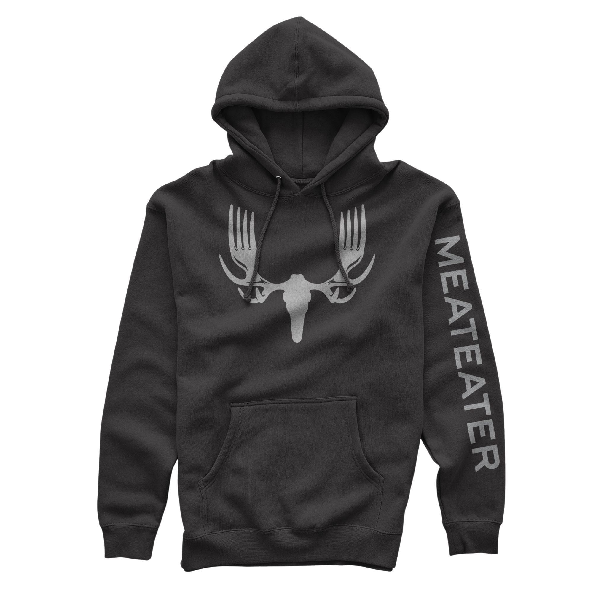 Black hoodie featuring a moose skull with fork antlers & "MEATEATER" on left sleeve.