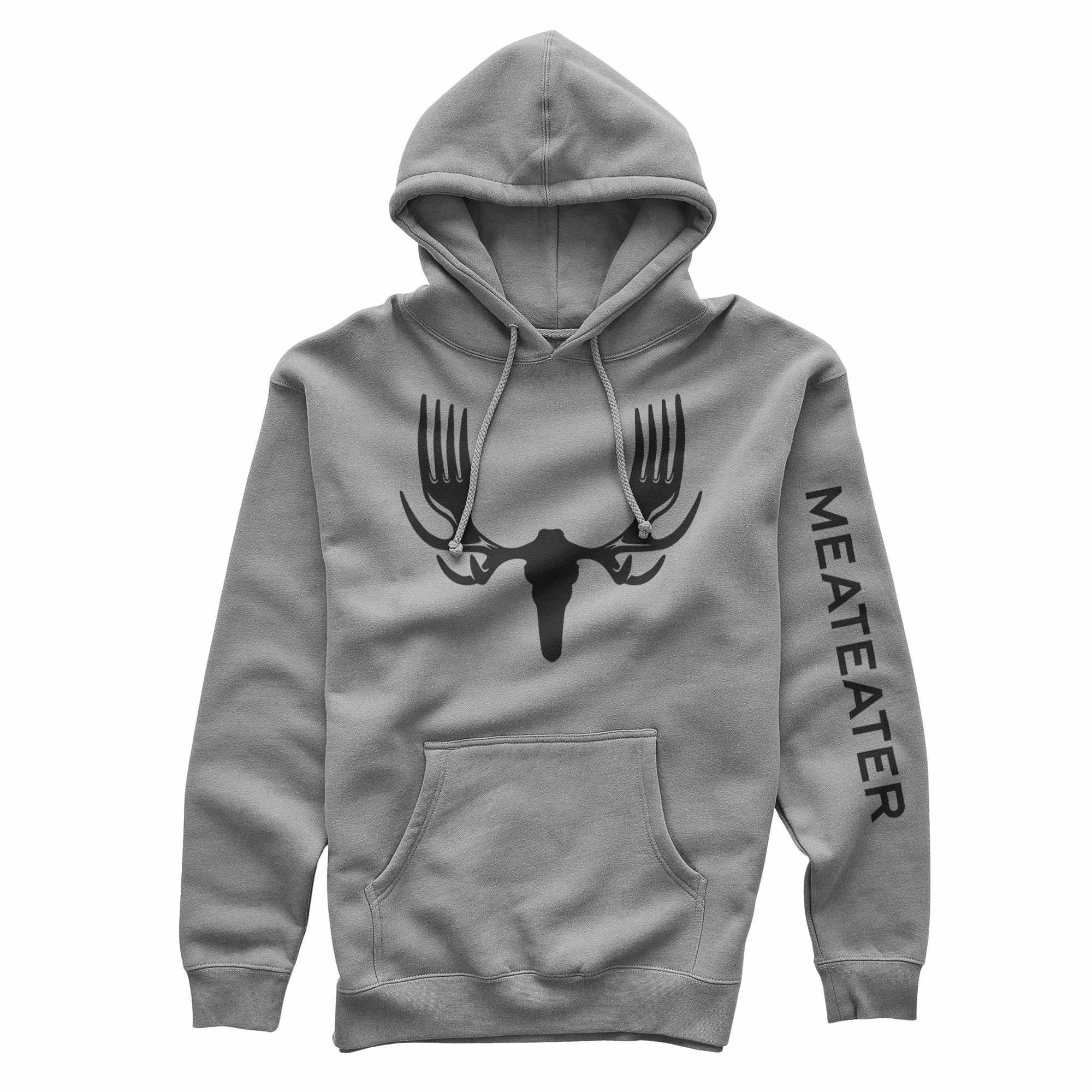 Heather grey hoodie featuring a moose skull with fork antlers & "MEATEATER" on left sleeve.