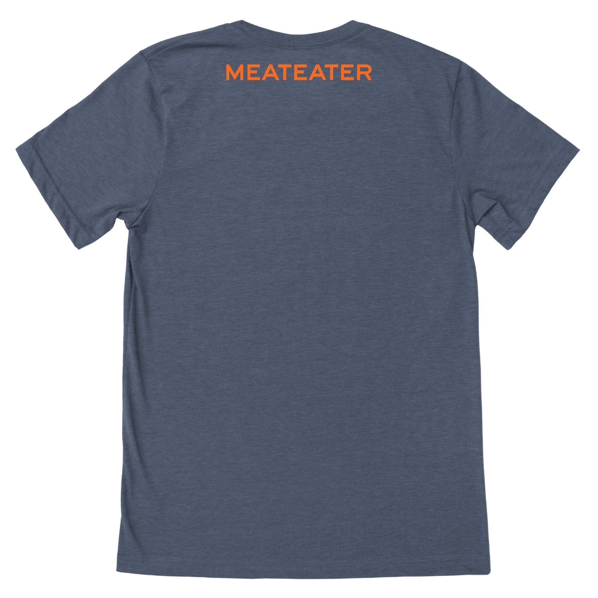 Navy heather t-shirt, back view, with orange 'MEATEATER' text.