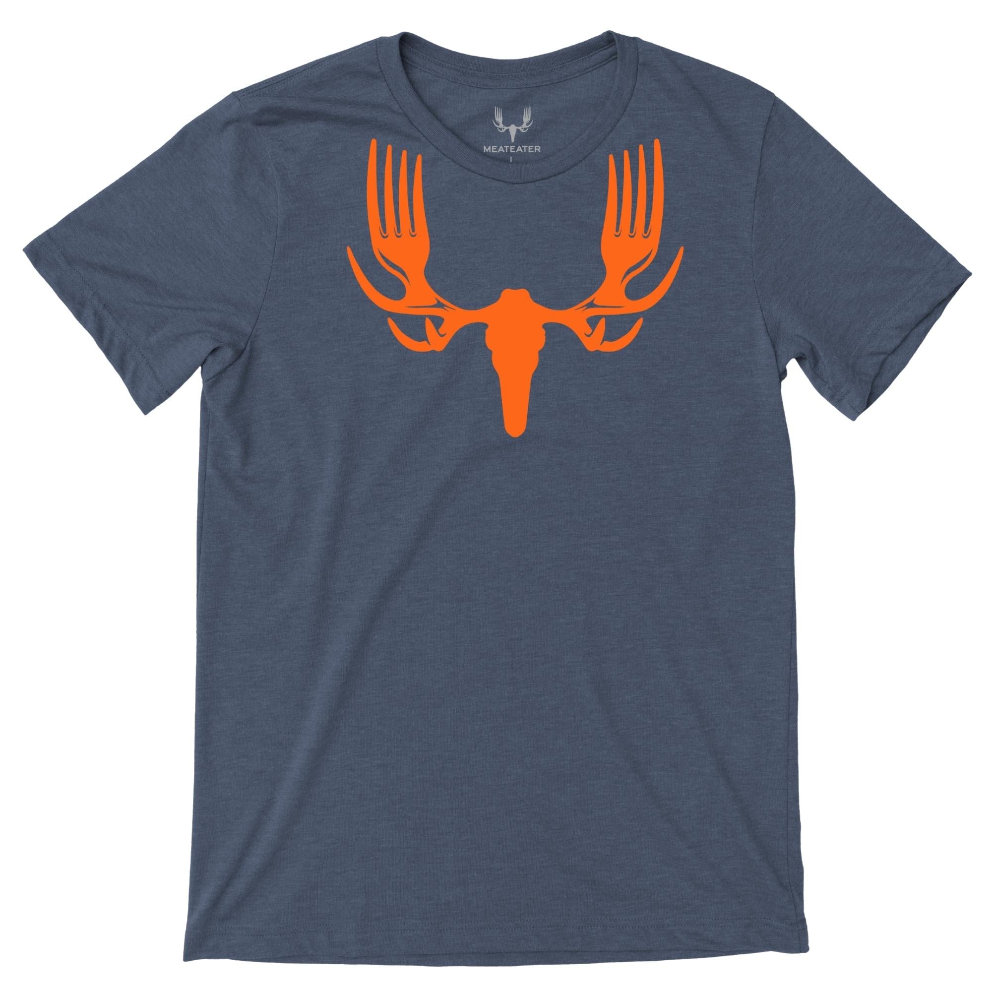 Heather blue t-shirt with an orange moose skull graphic featuring antlers made from forks.