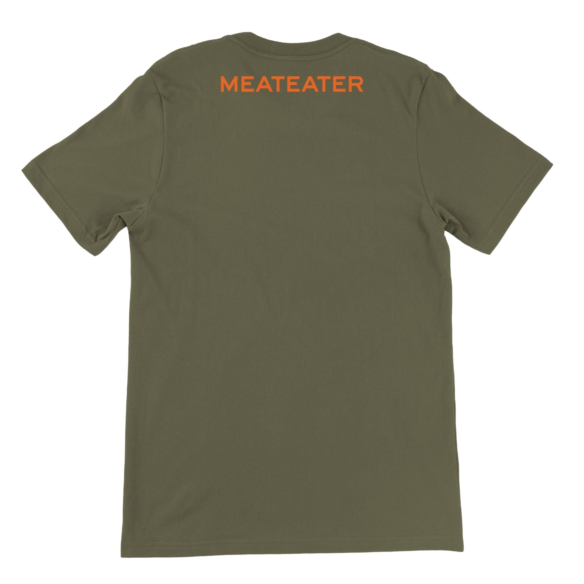 Military green t-shirt, back view, with orange 'MEATEATER' text.