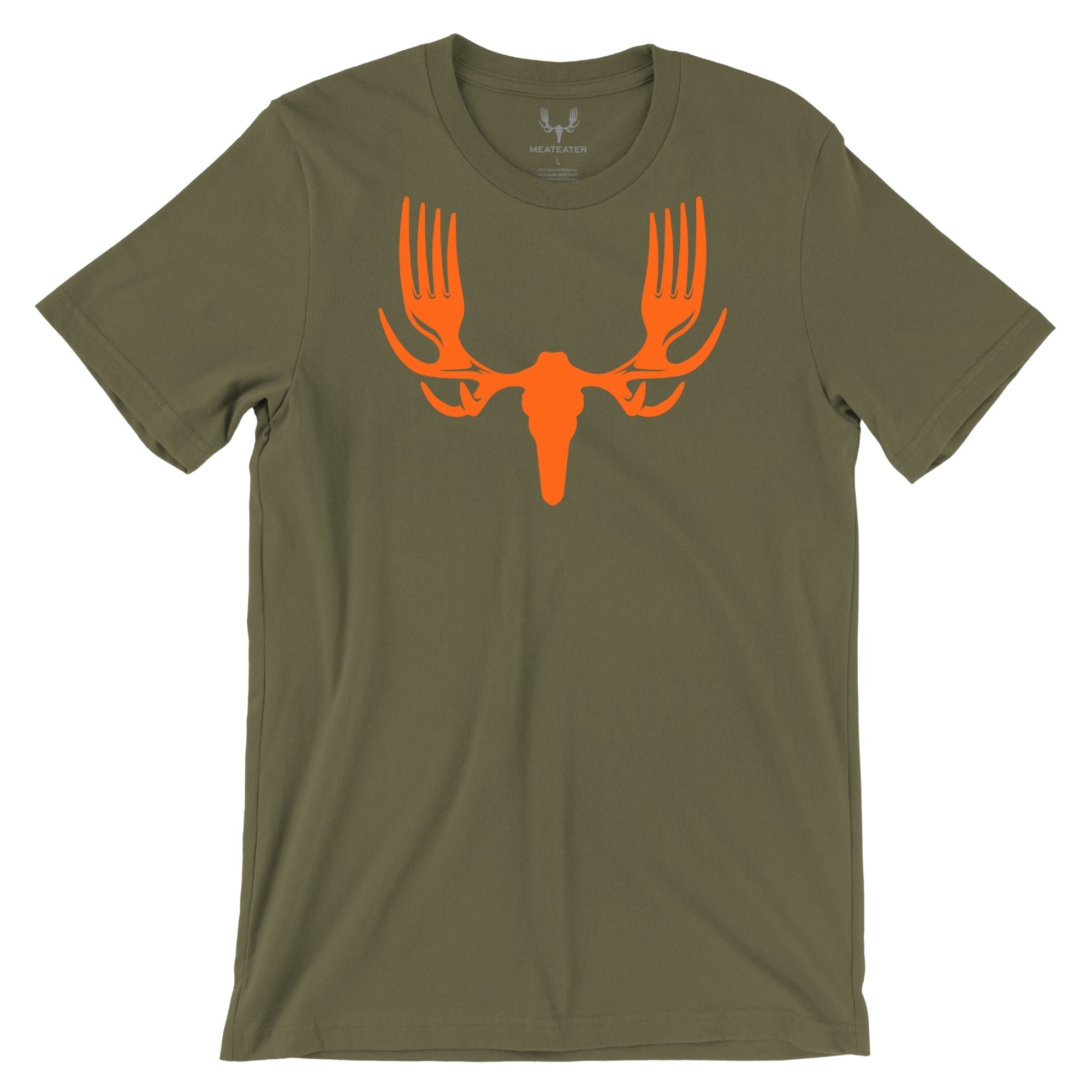 Green t-shirt with an orange moose skull graphic featuring antlers made from forks.