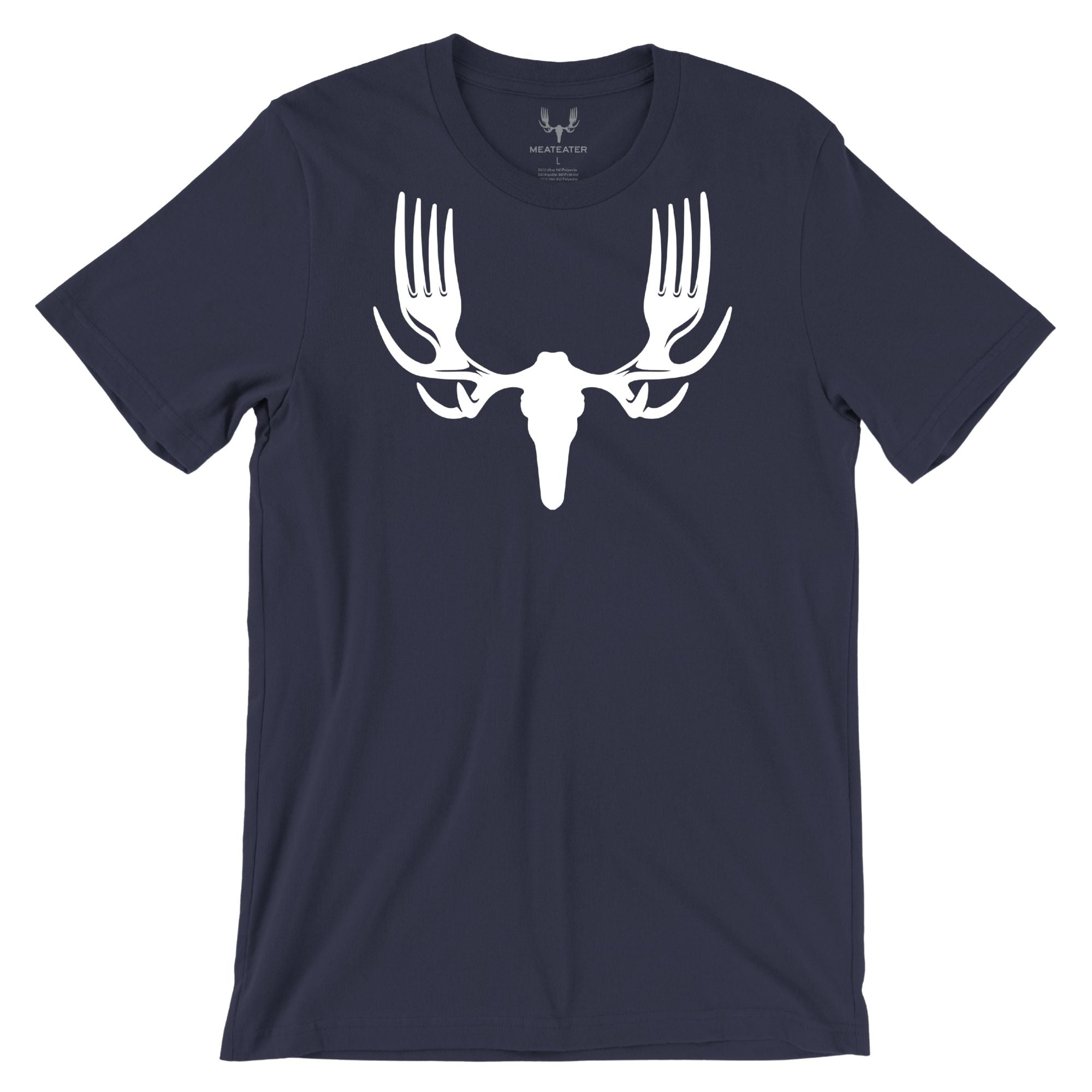 Navy t-shirt with a white moose skull graphic featuring antlers made from forks.