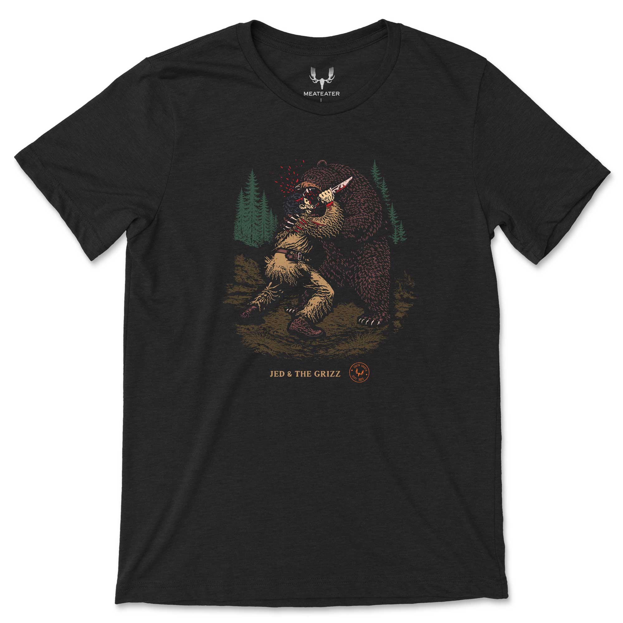 A charcoal t-shirt featuring a picture of Jed Smith being mauled by a grizzly bear, with text saying "Jed & the Grizz" and "MeatEater Time Machine".