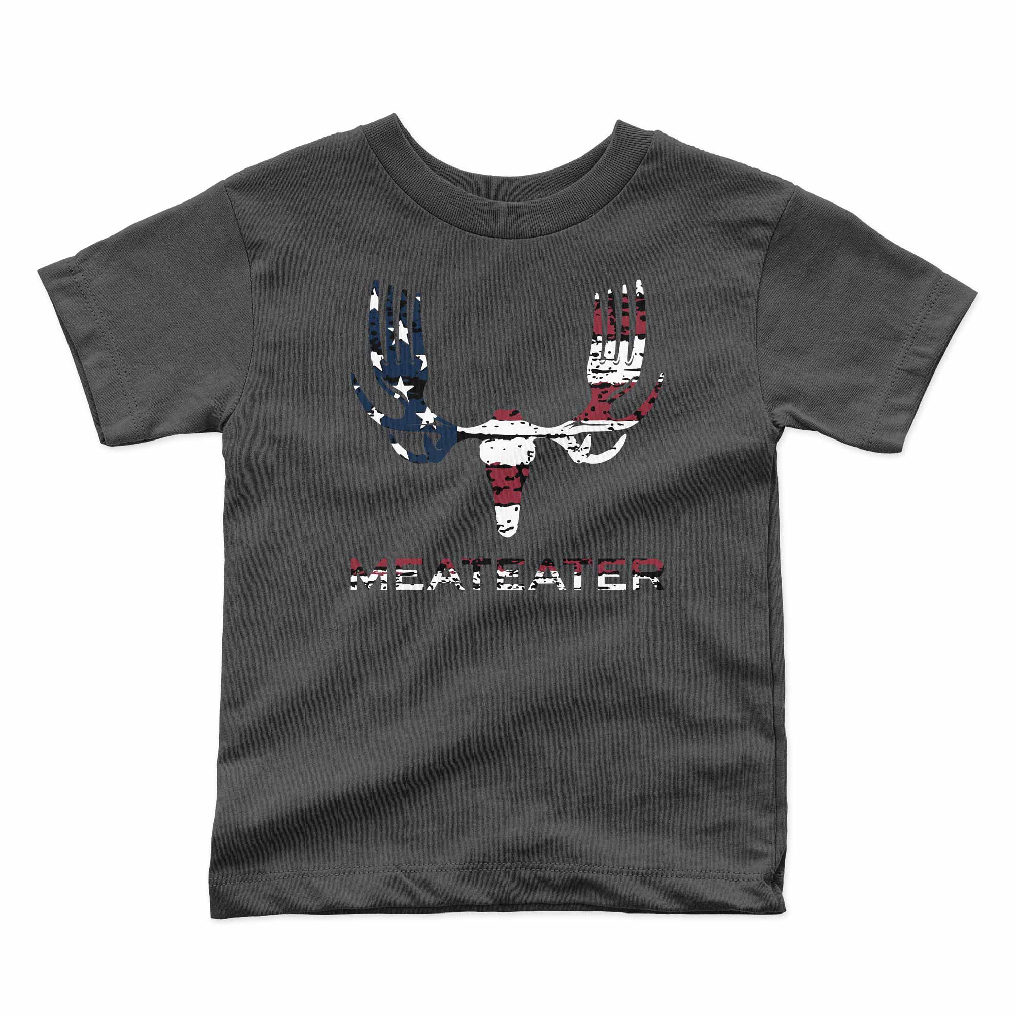 Gray t-shirt with a graphic design of a deer head and 'MEATEATER' text on a white background