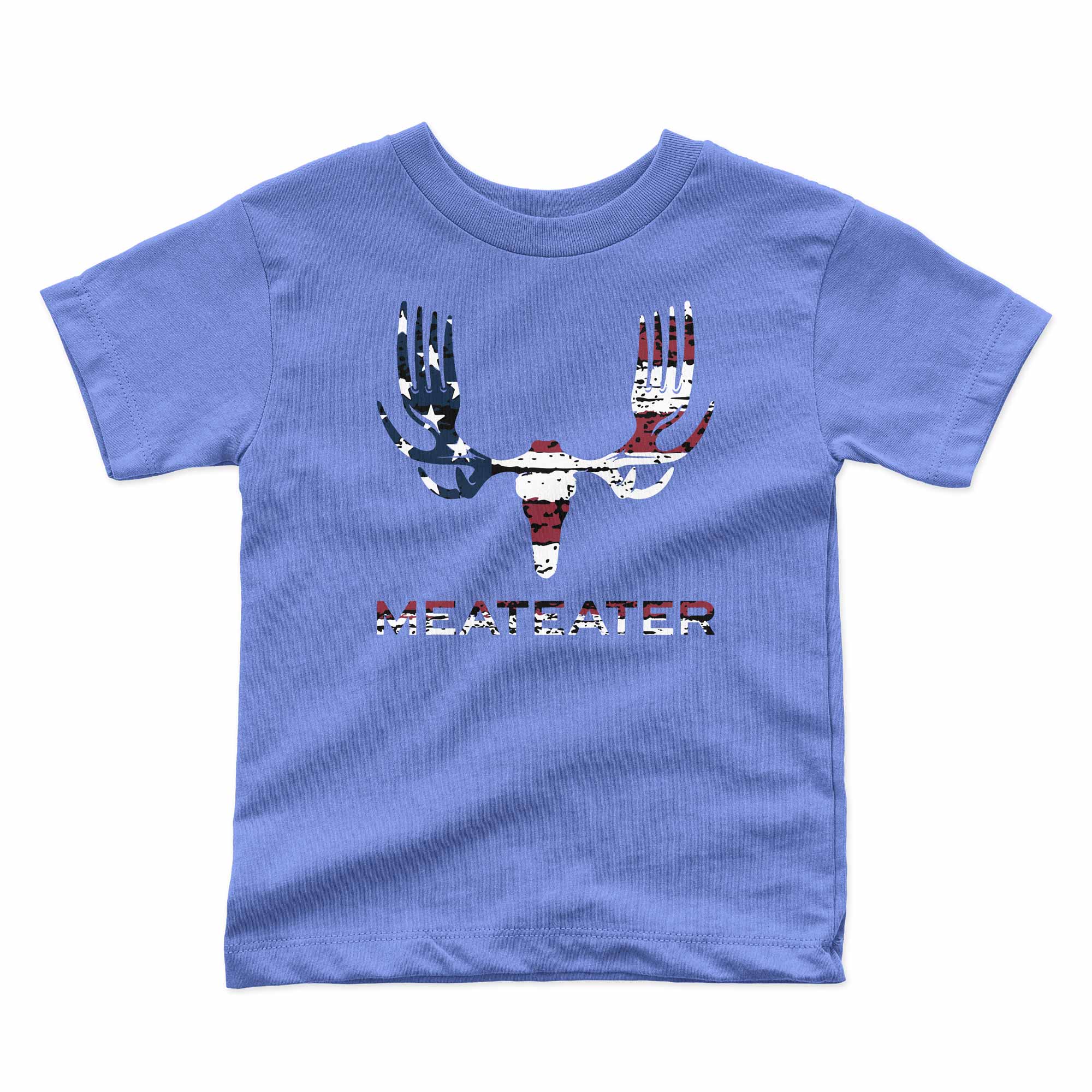 Blue t-shirt with flag graphic design and 'MEATEATER' text on a white background