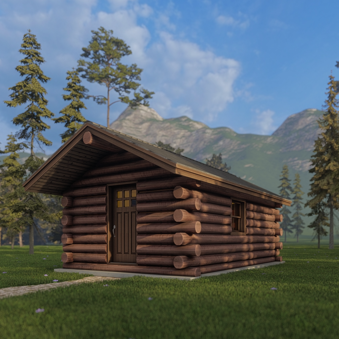 Dark brown log cabin with a pitched roof, front door, and side window in a field.