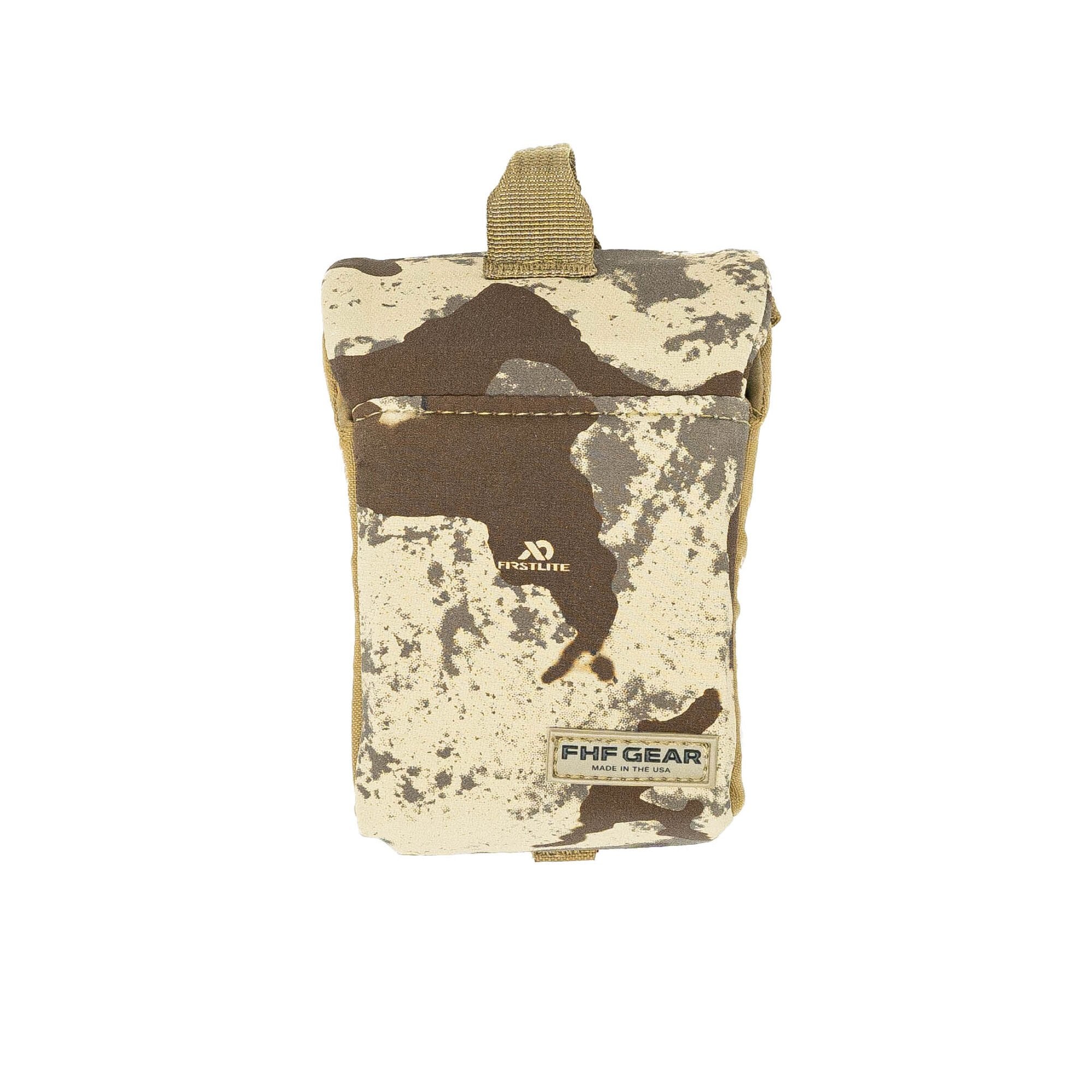 Tan camo gear pouch with top loop, First Lite and FHF Gear logos.