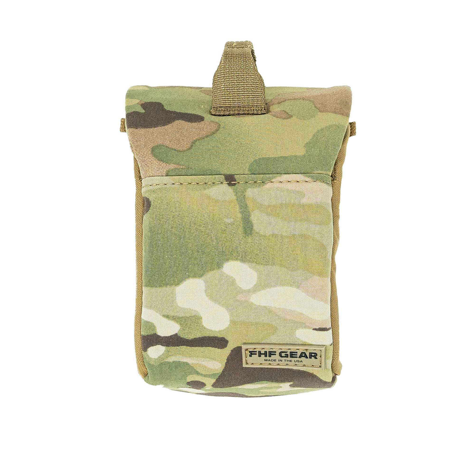 Multicam utility pouch with tan trim, top handle, and FHF GEAR logo.