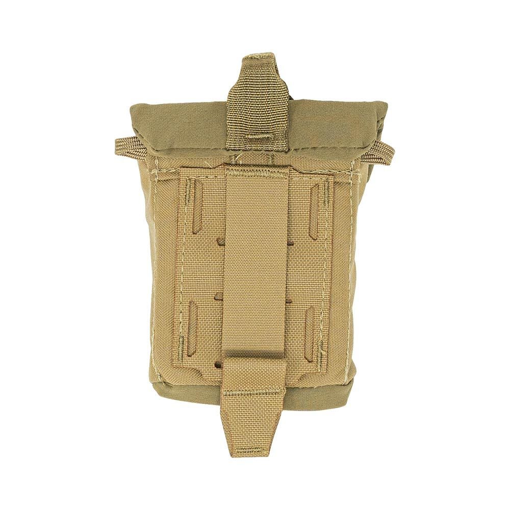 Tan tactical pouch with top flap and rear MOLLE attachment system.
