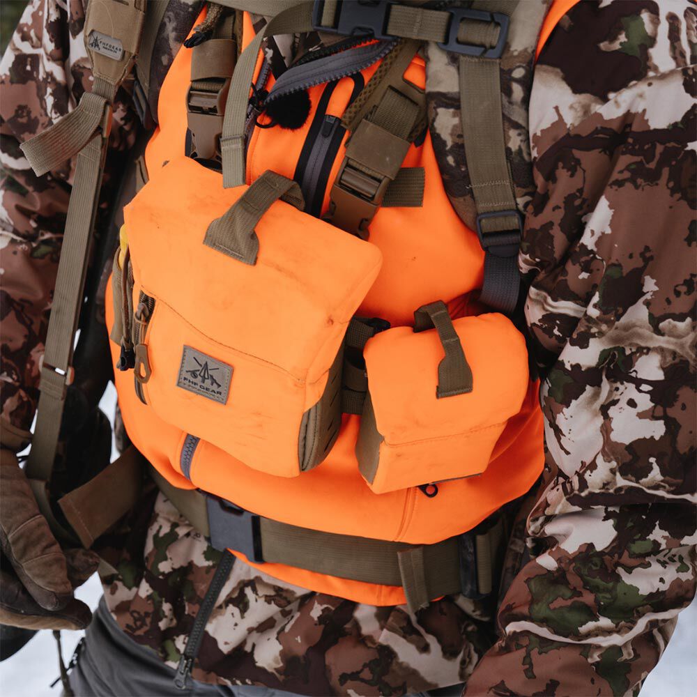 Bright orange PHF GEAR hunting chest harness with two pouches.