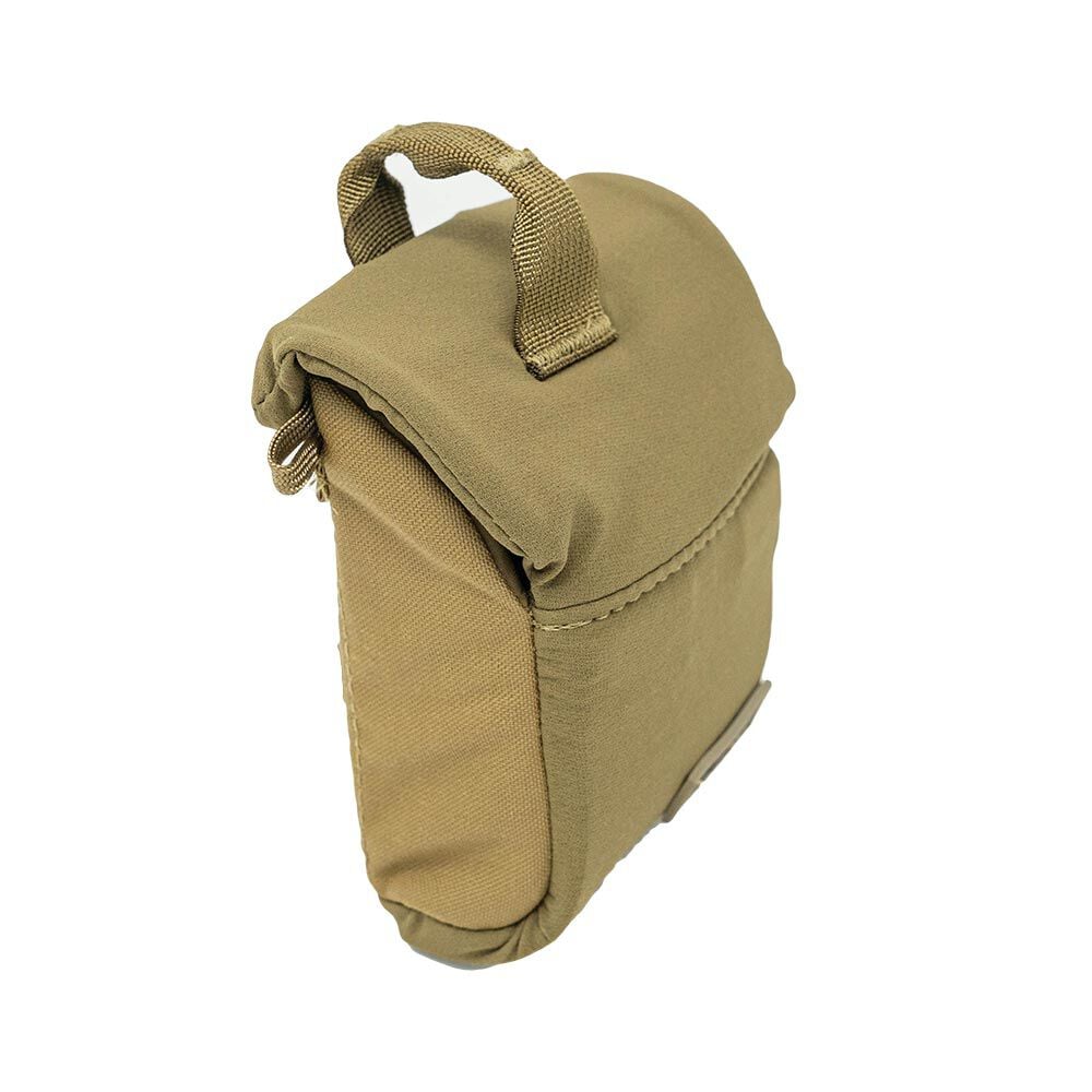 Tan tactical utility pouch with top handle, flap closure, and side zipper.
