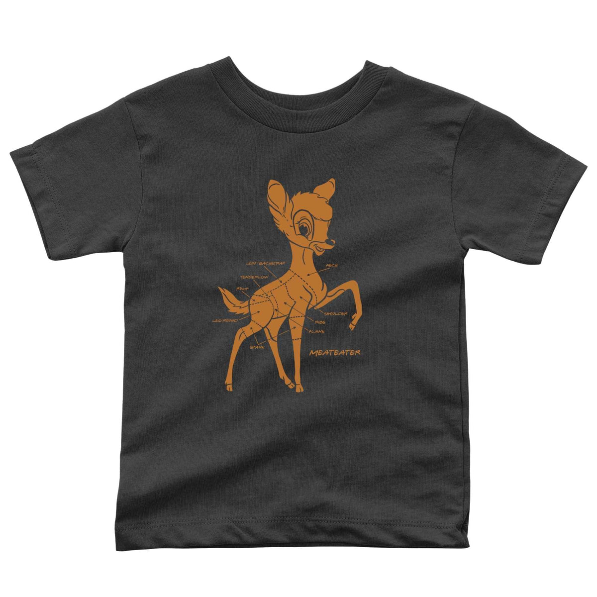 Black T-shirt with fawn meat diagram showing cuts, and 'MEATEATER' text.