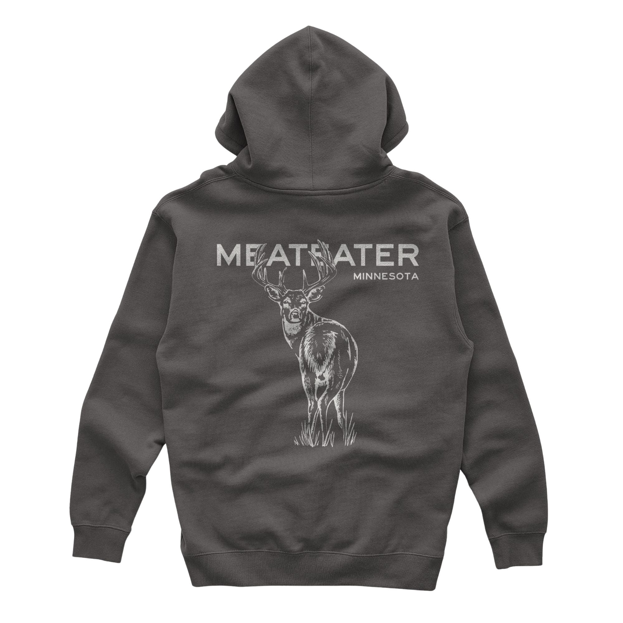 Gray hoodie featuring "MEATEATER MINNESOTA" with a whitetail deer below