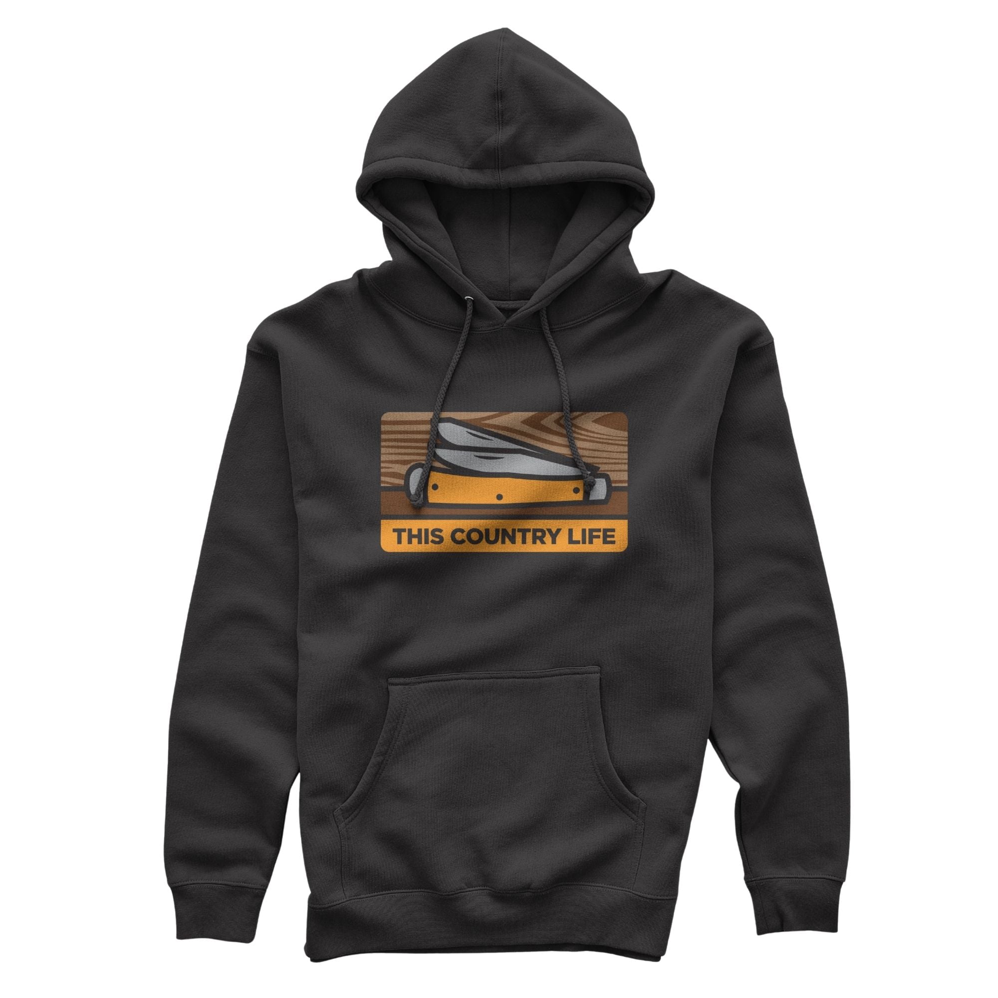 Graphite hoodie with front pouch pocket, drawstrings, and 'THIS COUNTRY LIFE' pocket knife graphic.