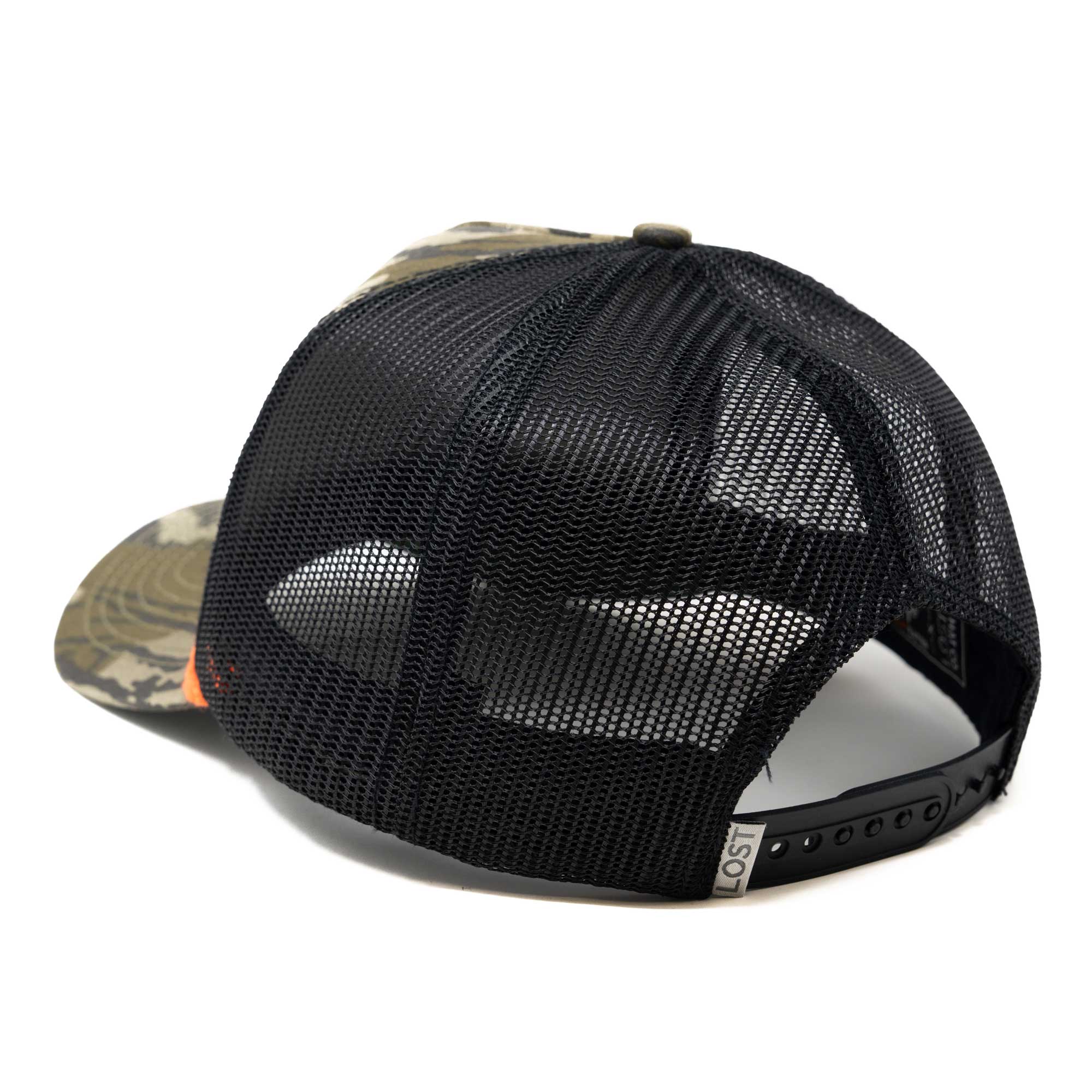 Camo trucker hat with black mesh back, snapback closure, and 'LOST' brand tag.