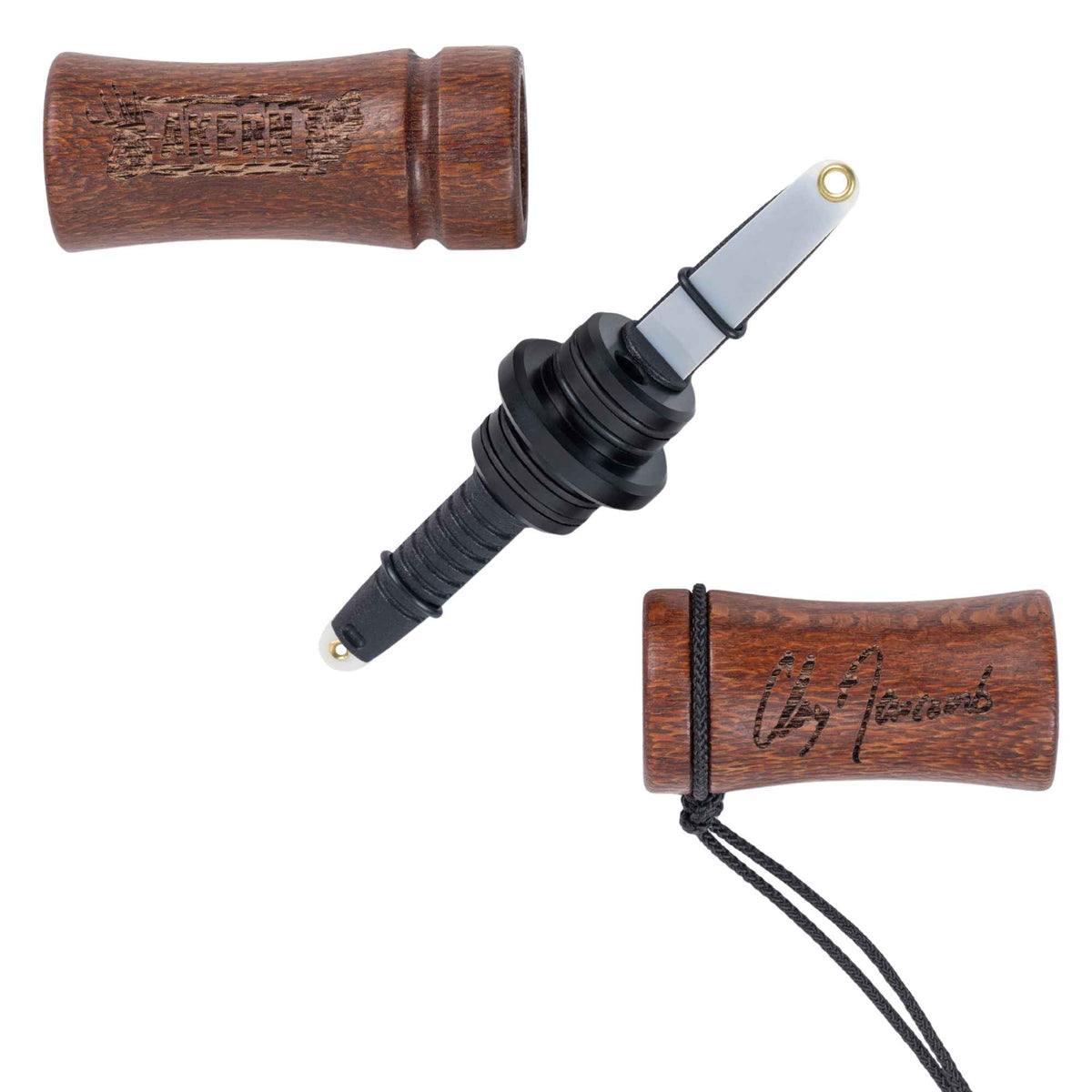 Akern MeatEater x Phelps deer call open with wood engraving "AKERN" on one side and "CLAY NEWCOMB" in stylized font