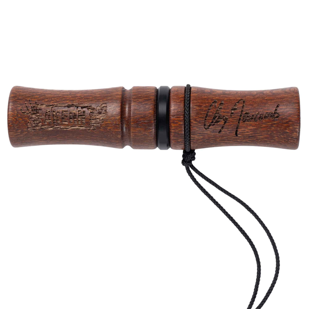 Akern MeatEater x Phelps deer call with wood engraving "AKERN" on one side and "CLAY NEWCOMB" in stylized font.