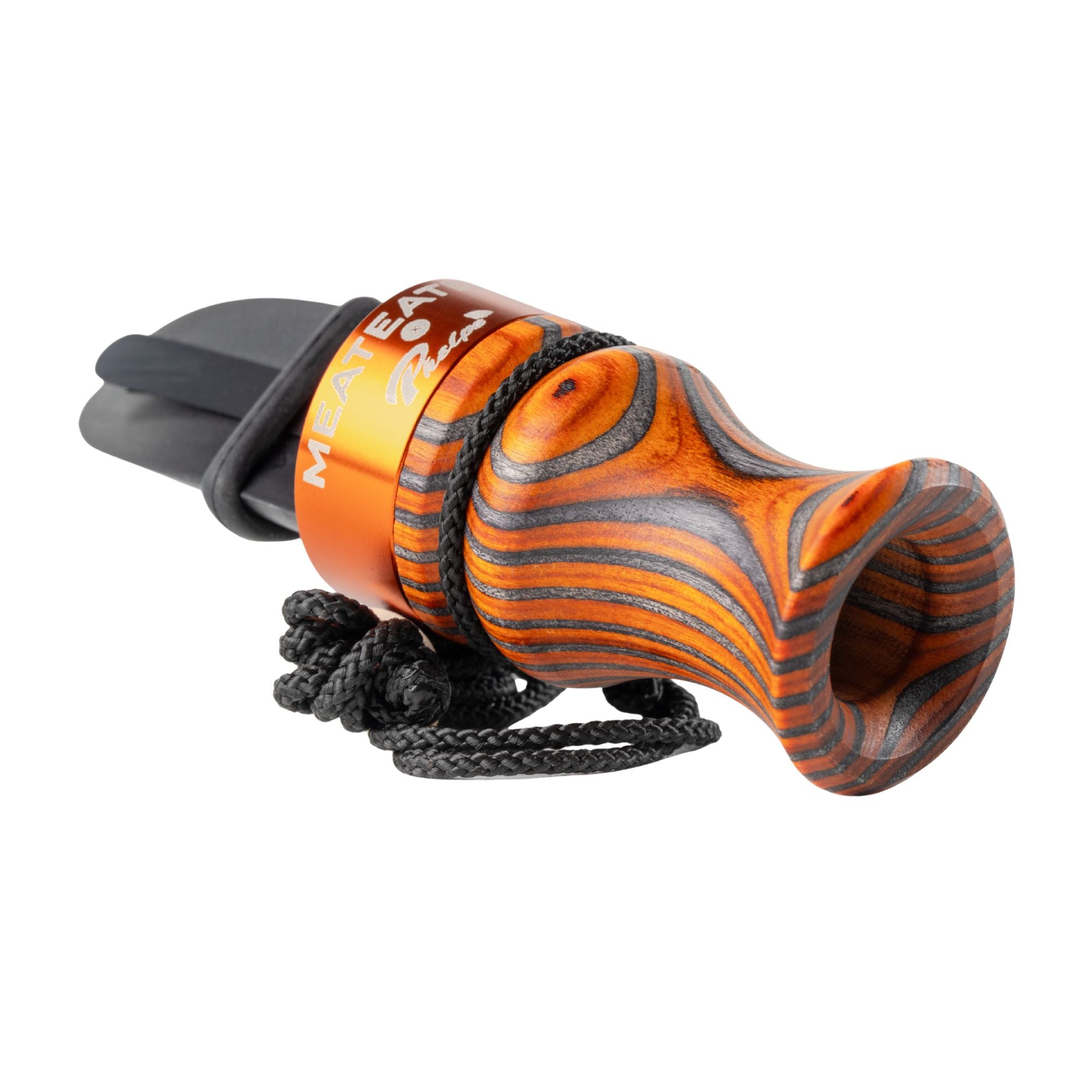 Inclined orange MeatEater x Phelps elk call with black top and a black lace in the middle