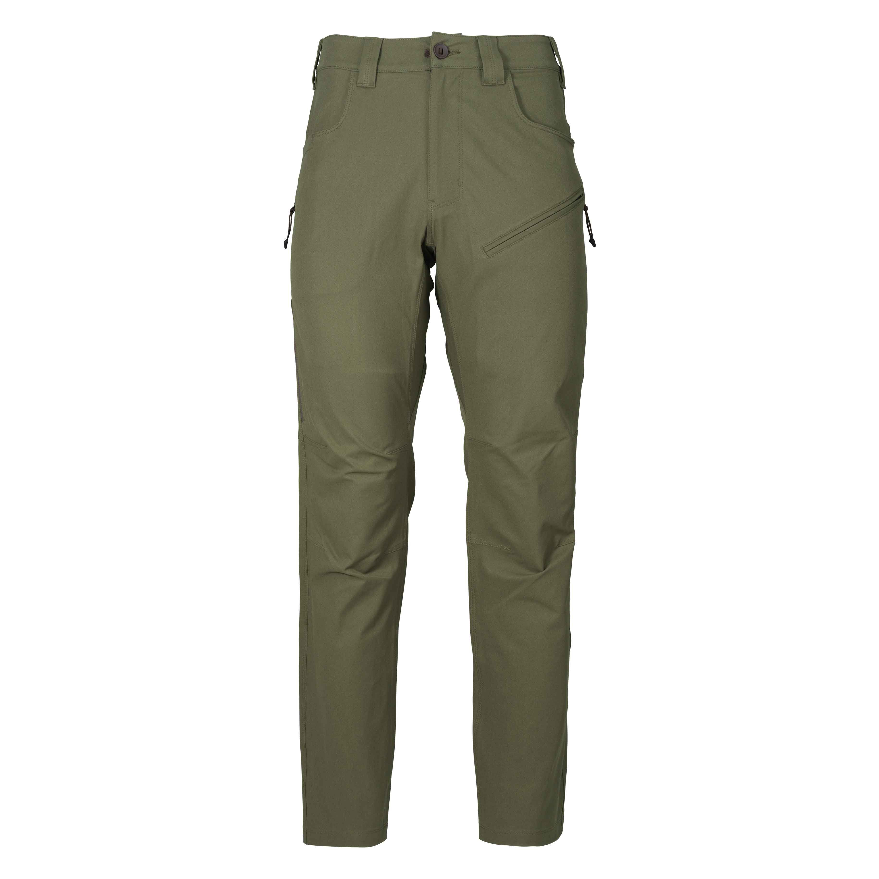 Olive green pants with a button closure, belt loops, front slash pockets, and a diagonal zippered thigh pocket.