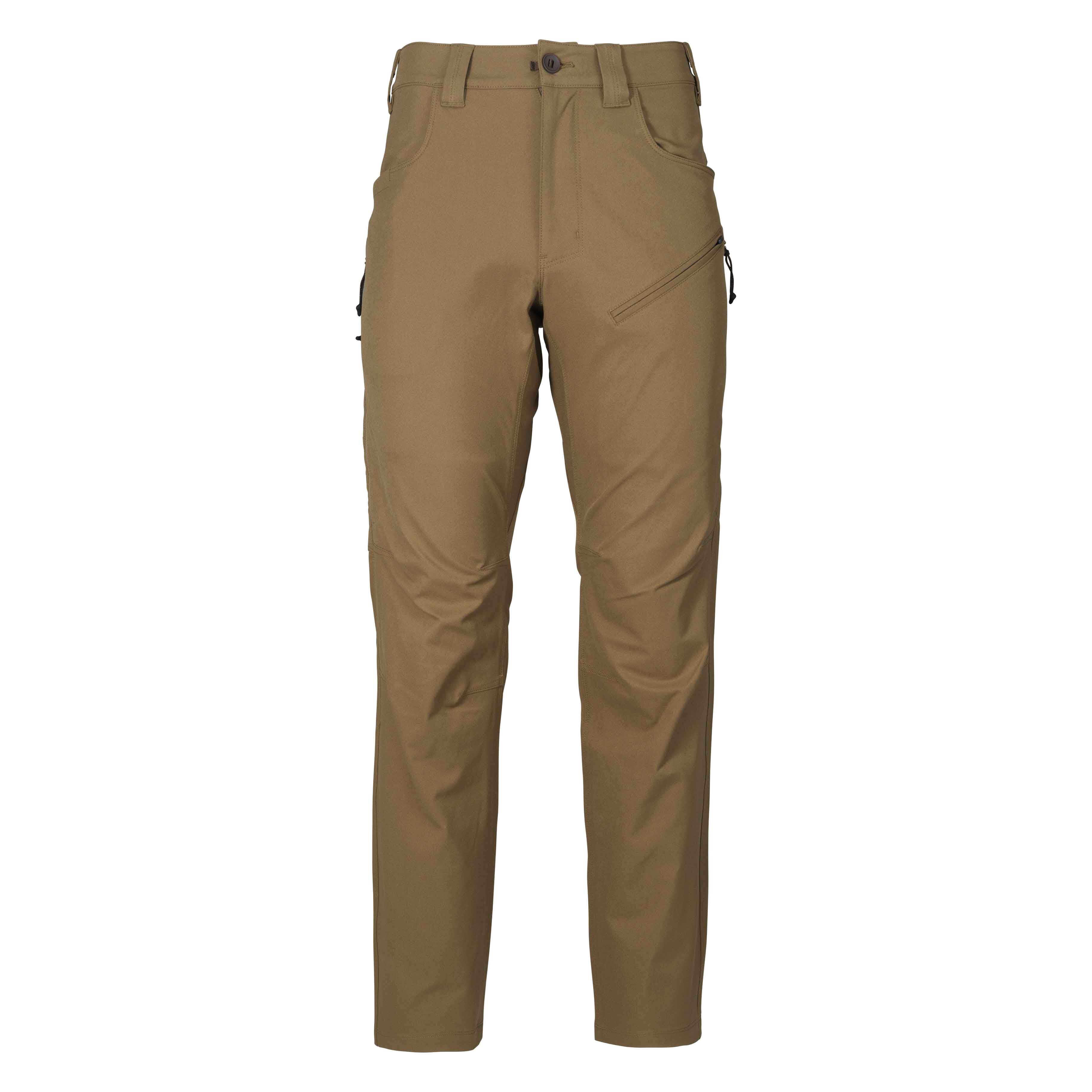 Tan pants with button closure, front pockets, and an angled zippered thigh pocket.