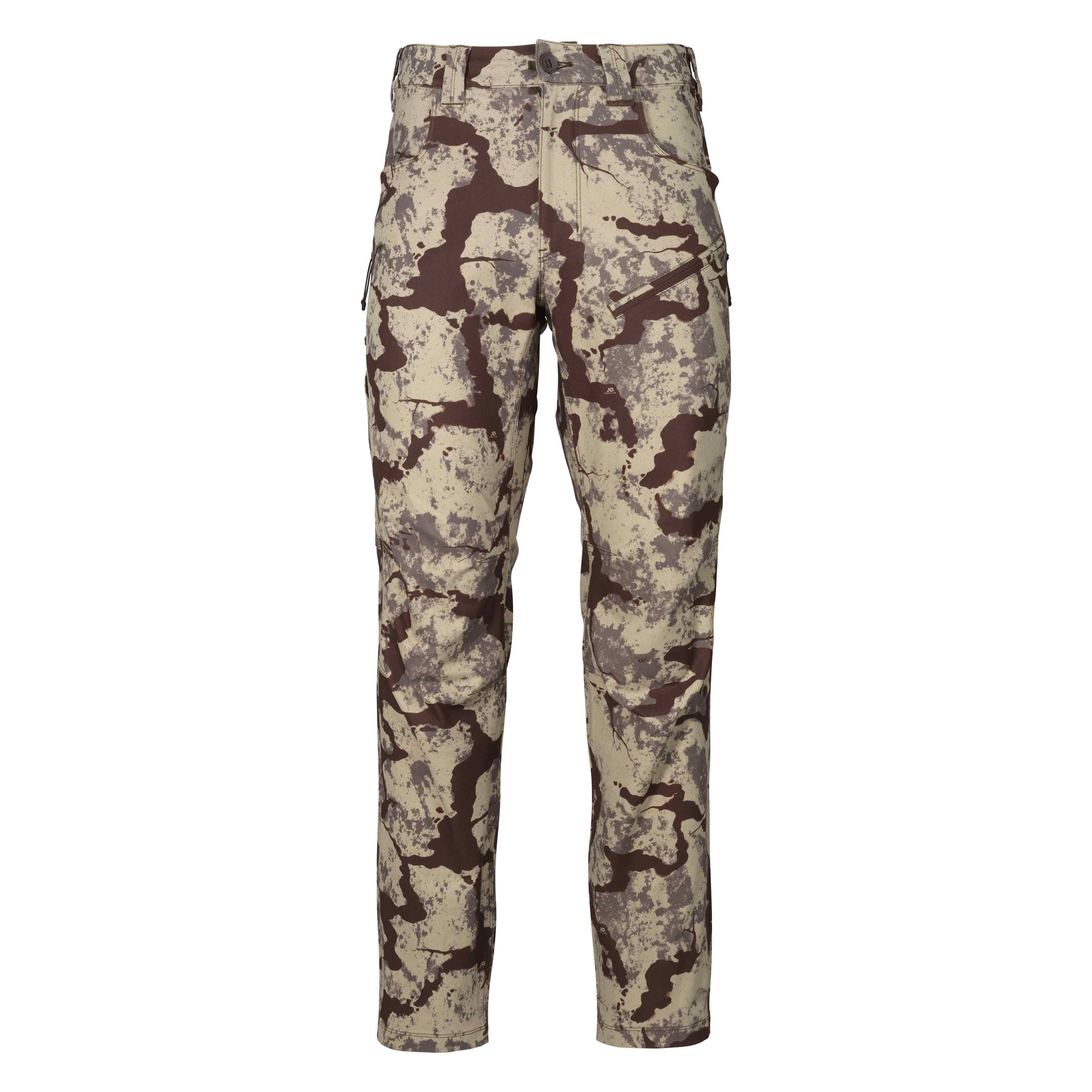 Desert camouflage pants with belt loops, button closure, and zippered thigh pockets.