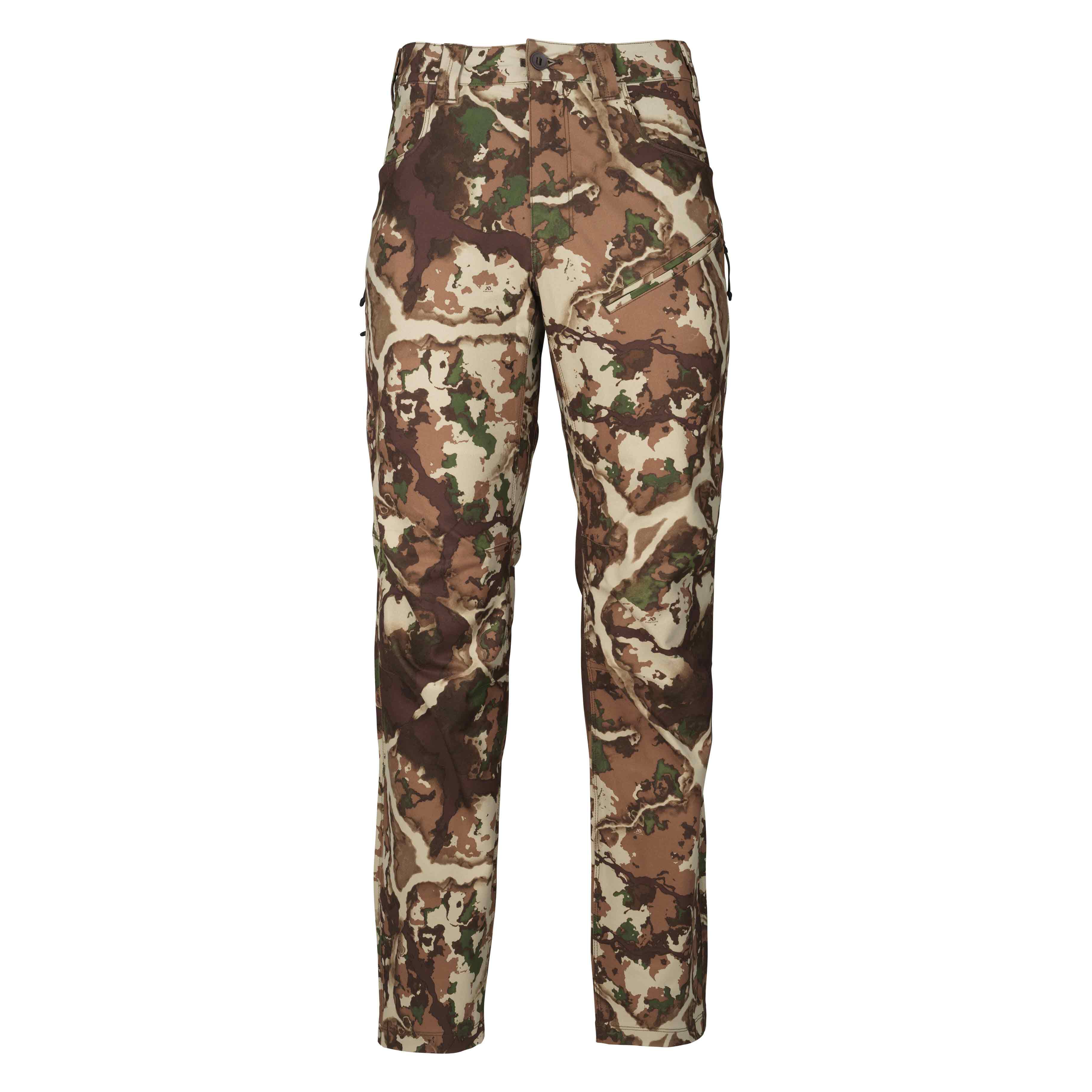 Men's camouflage hunting pants with a brown, green, tan, and white pattern, featuring a button closure and zippered pockets.