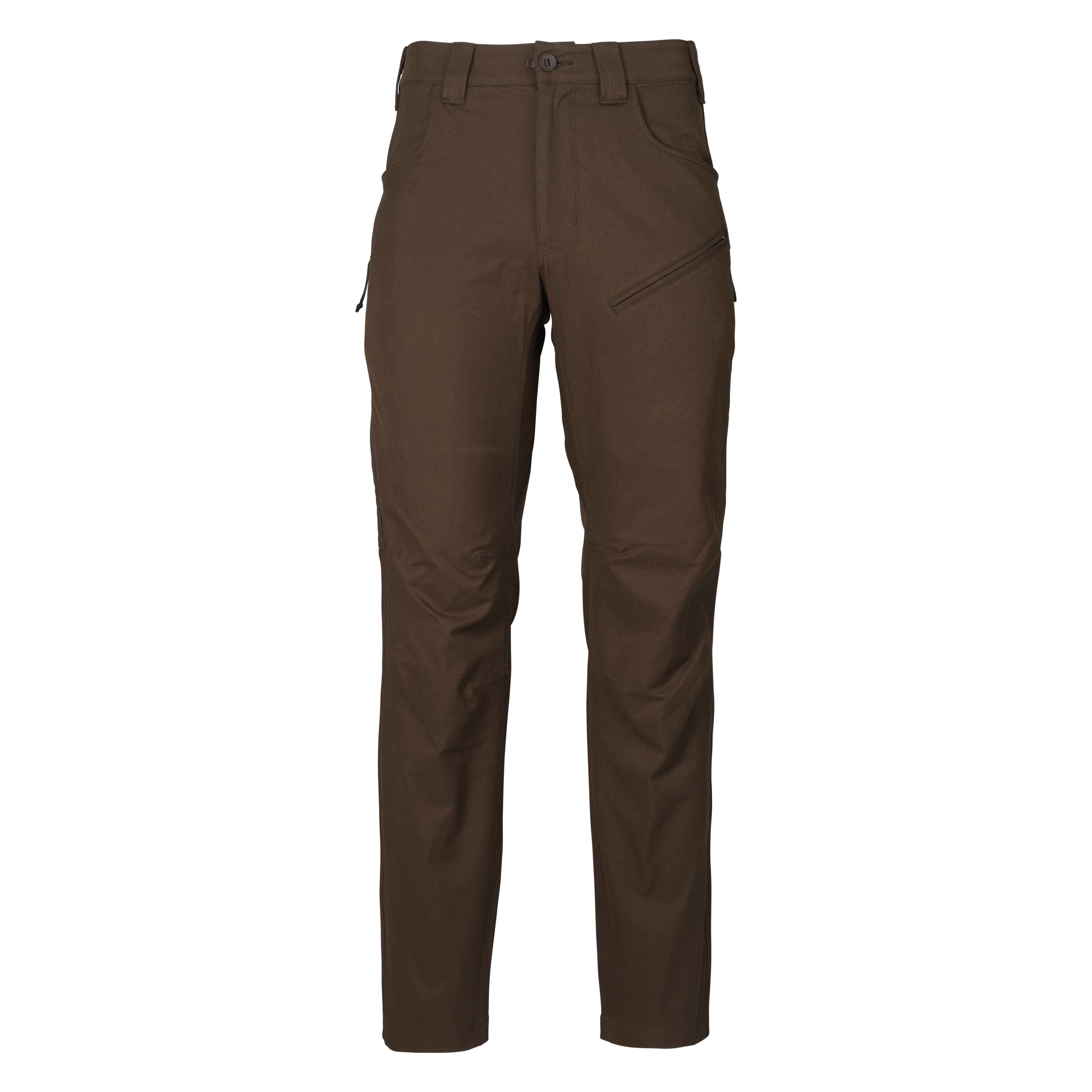 Brown pants with button waist, belt loops, front pockets, and zippered thigh pockets.