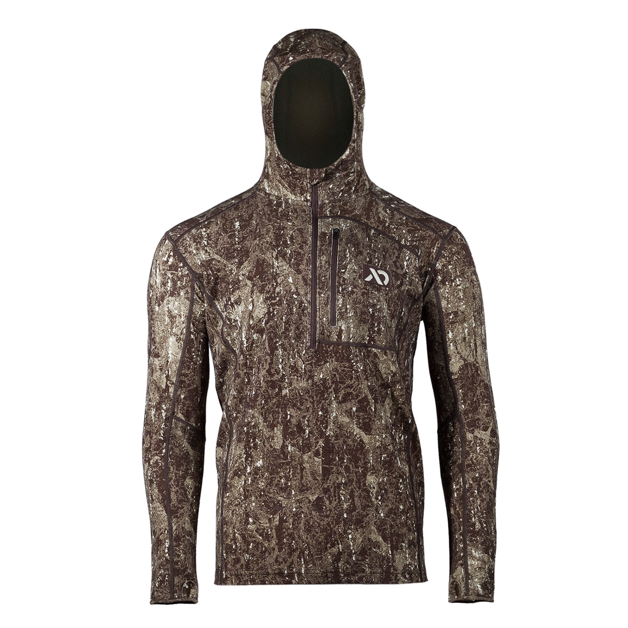 Brown and tan camouflage hooded long-sleeve pullover with a quarter-zip, zippered chest pocket, and thumbhole cuffs.