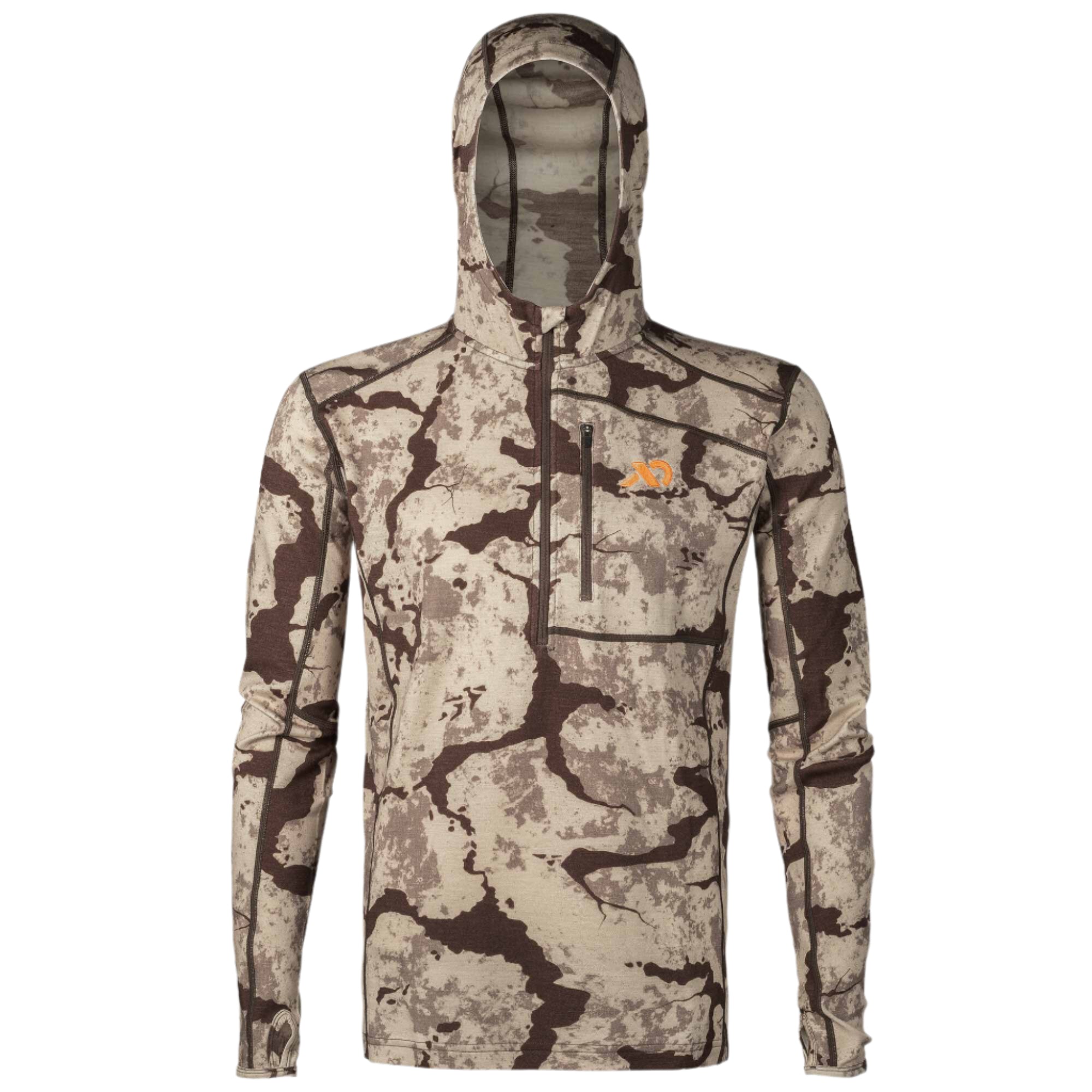 A beige and brown camouflage hooded quarter-zip shirt with an orange logo, chest pocket, and thumbholes.