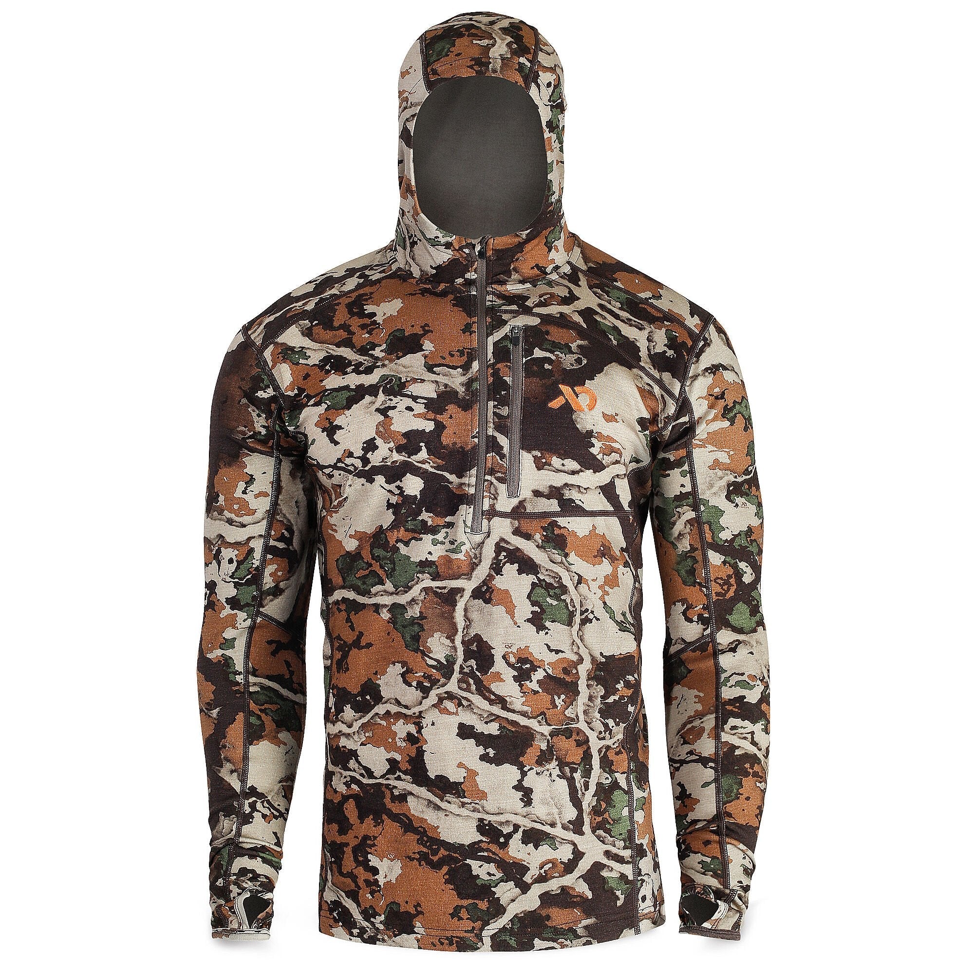 Men's hooded quarter-zip pullover in brown, green, and tan camouflage, featuring a zippered chest pocket and thumbholes.