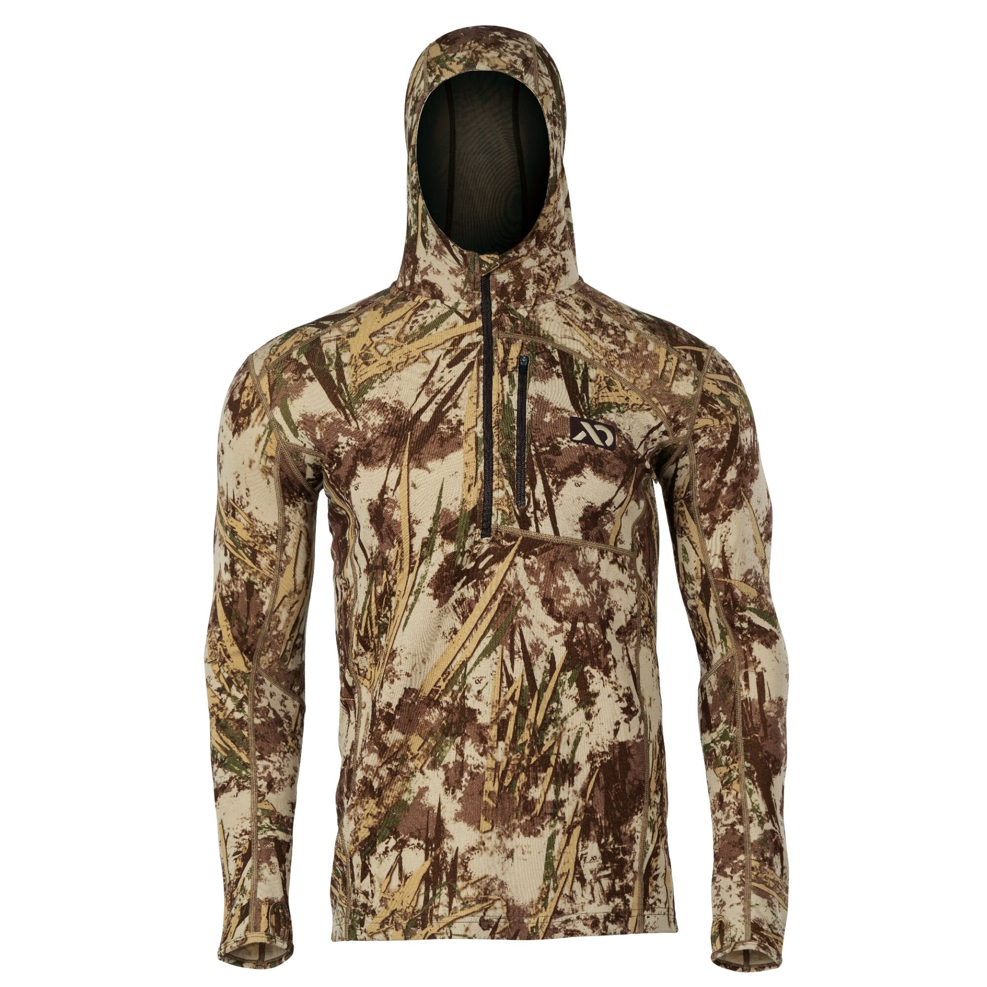 Camouflage hooded long-sleeve quarter-zip shirt with a zippered chest pocket and thumbholes.