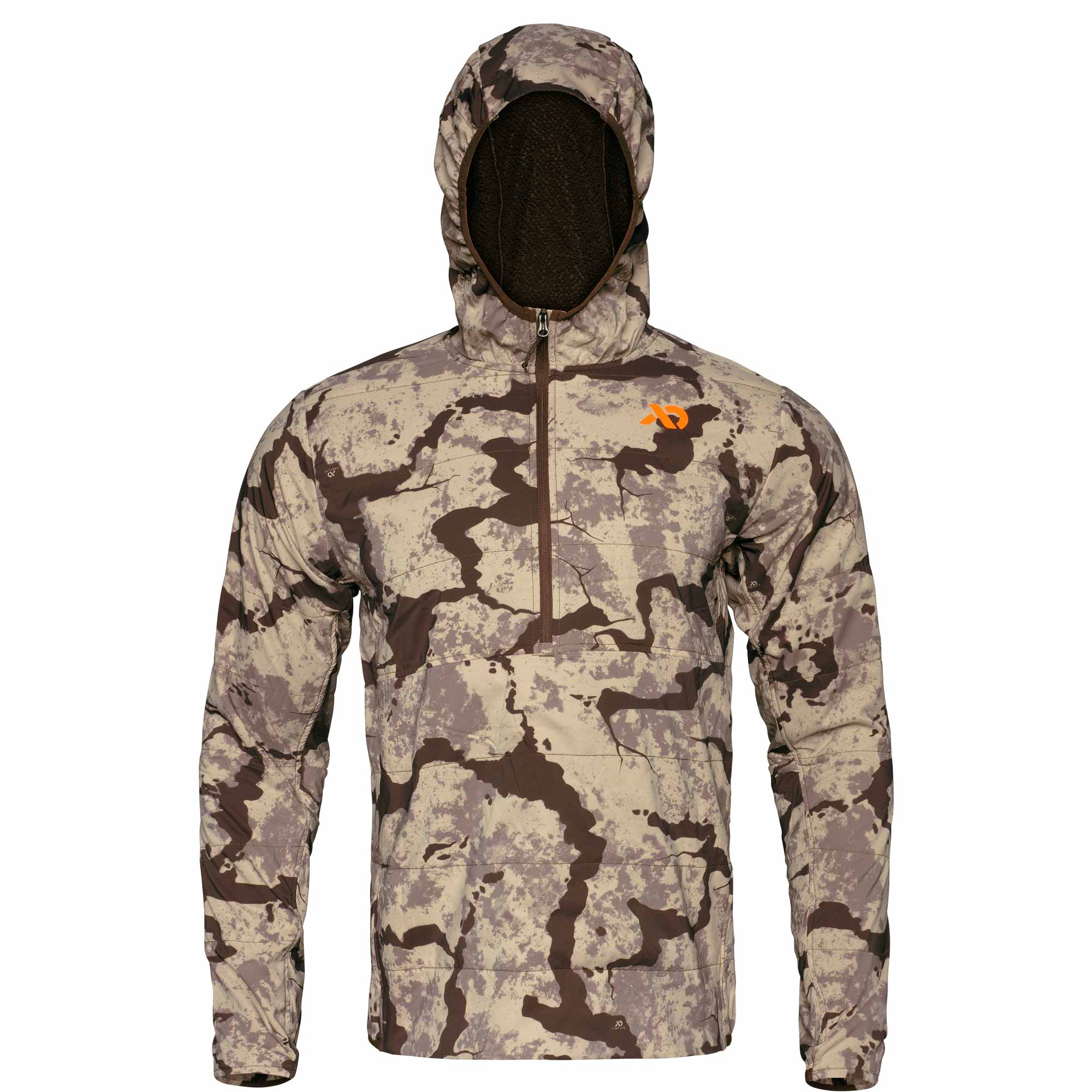 Desert camo hooded pullover, quarter-zip, padded design, orange logo, and fuzzy brown hood lining.