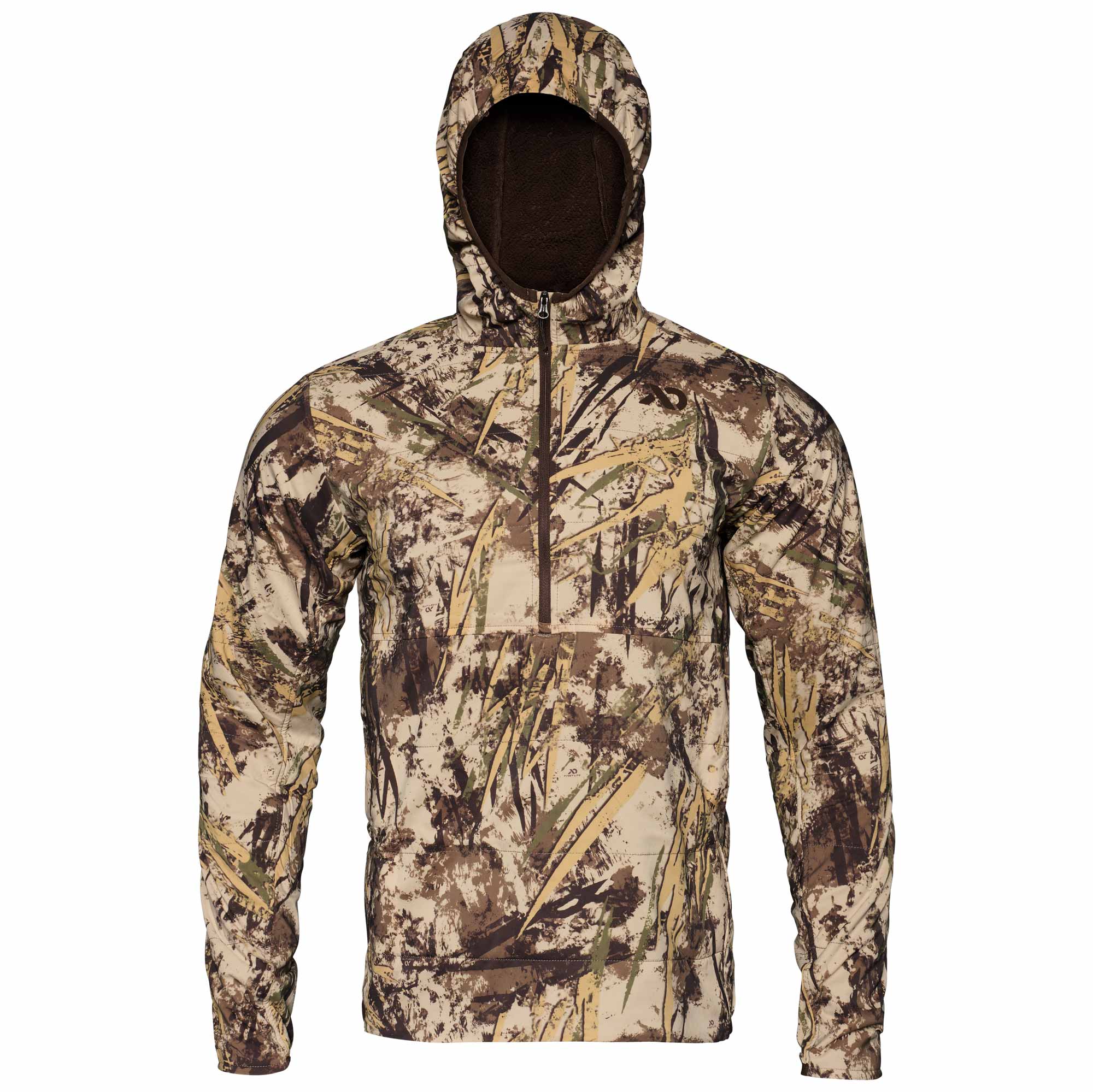 Camo hooded pullover with quarter-zip and brown fleece-lined hood.