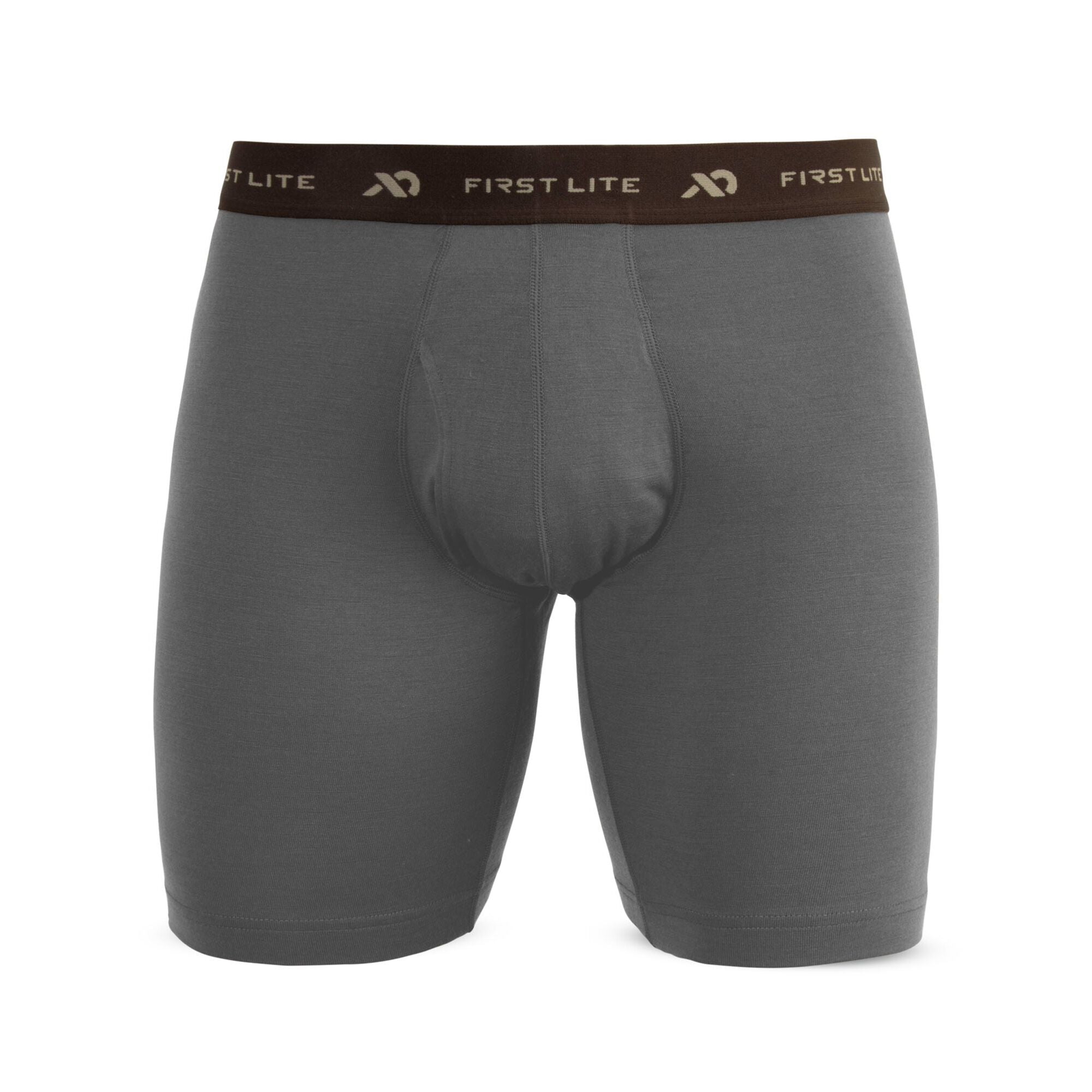 Grey boxer briefs with a brown elastic "FIRST LITE" branded waistband and a contoured front fly.
