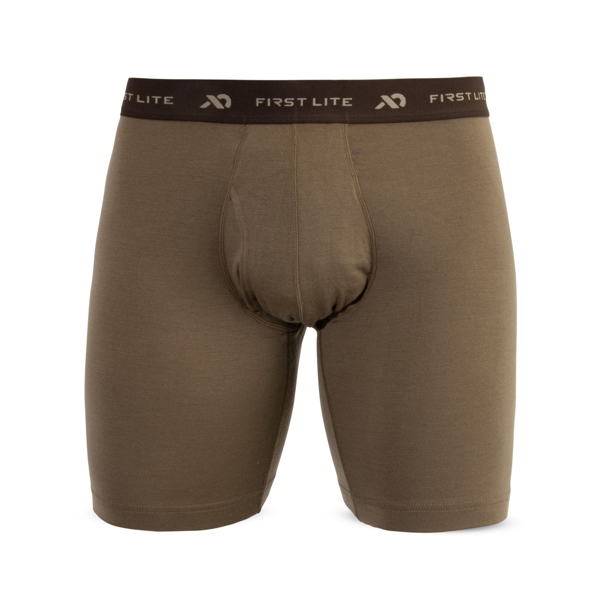 Light brown men's long-leg boxer briefs with a "FIRST LITE" logo on the dark brown waistband and a contour pouch.