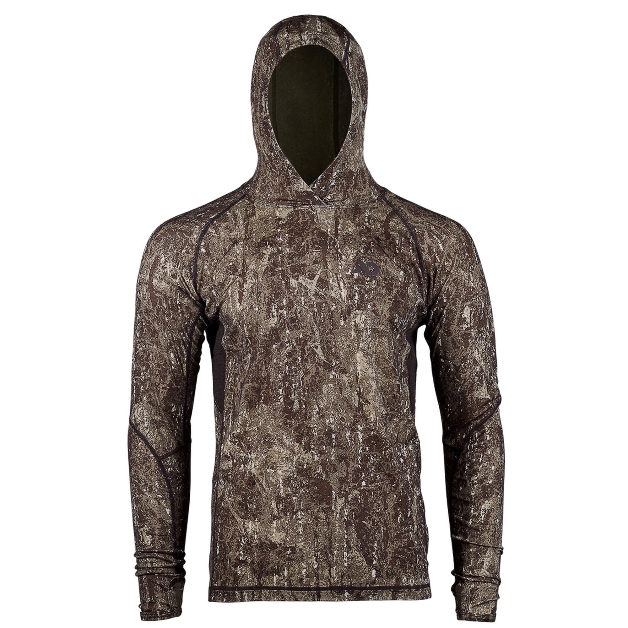 Brown and tan camouflage long-sleeve hooded shirt with dark contrast stitching and a chest logo.