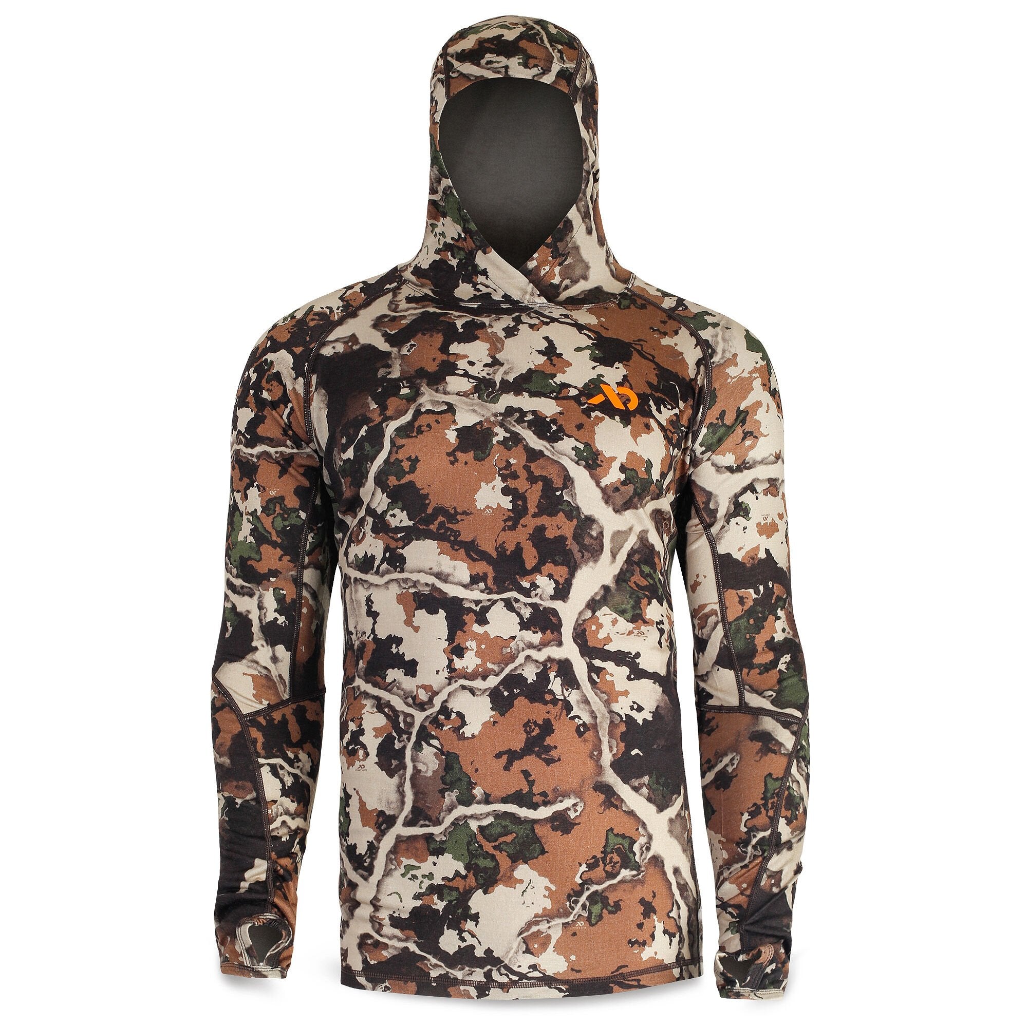 A long-sleeve hooded shirt in a brown, green, and tan camouflage pattern, featuring thumbholes, and an orange chest logo.