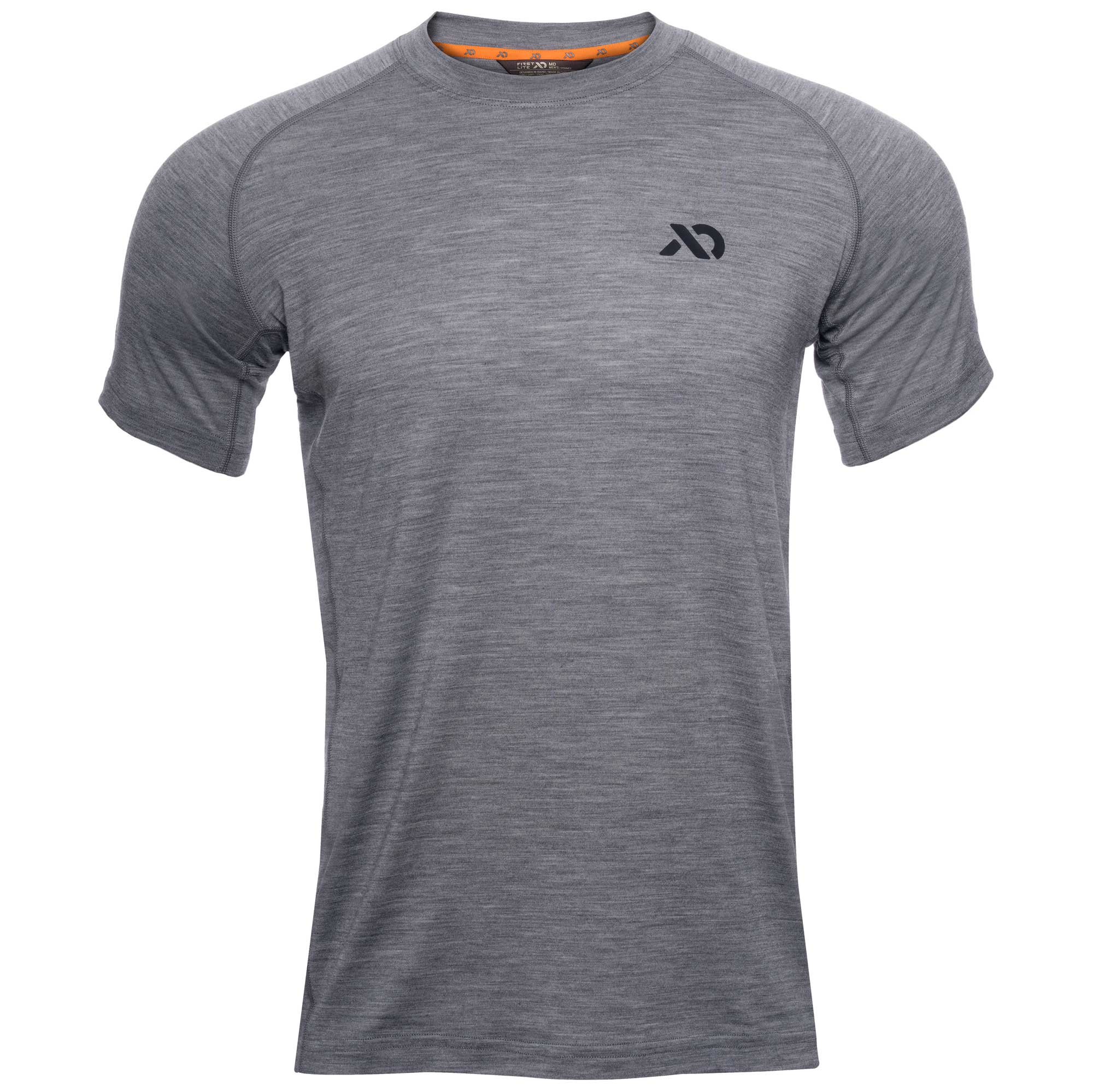 Grey short-sleeve t-shirt with raglan sleeves, a crew neck, a black chest logo, and an orange interior neck label.