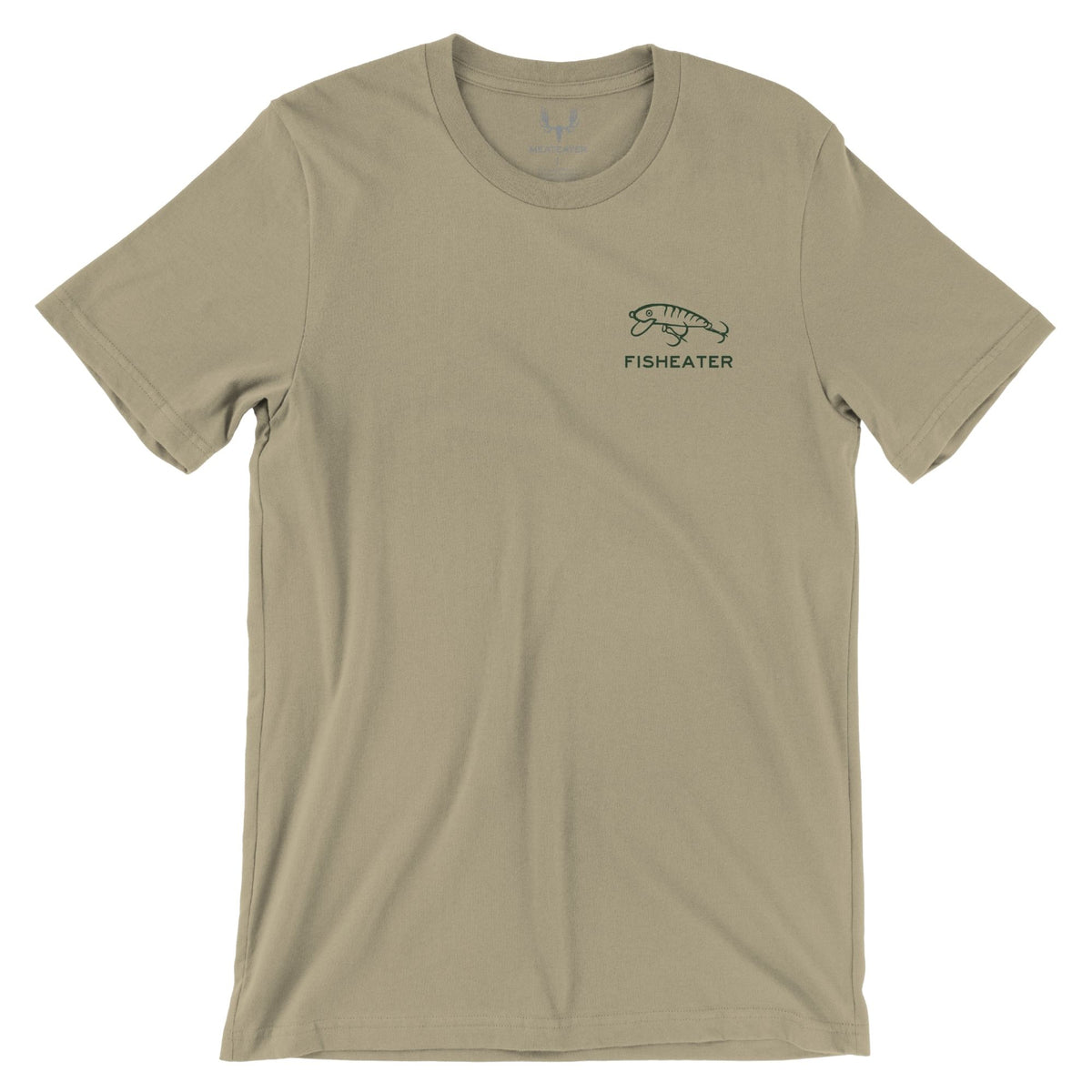 Beige t-shirt with a logo and text on a white background.