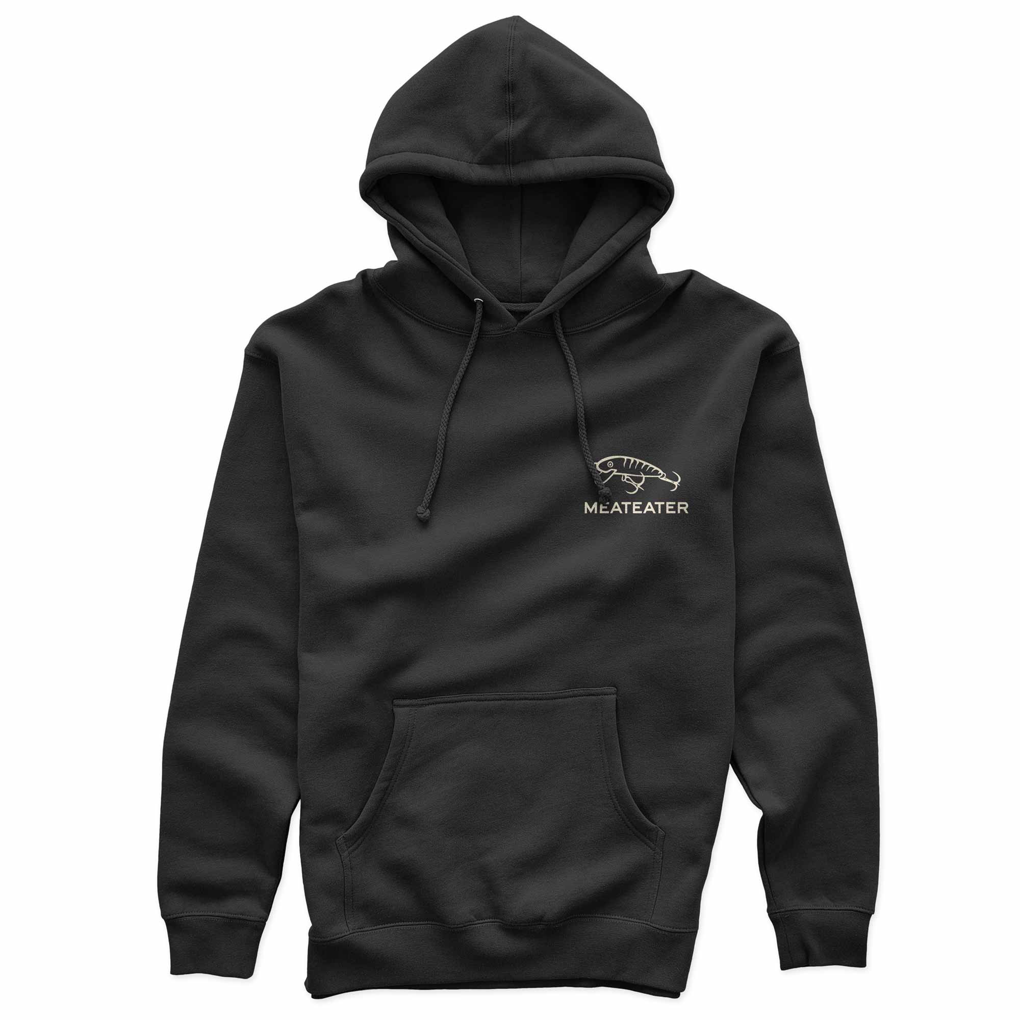 Black hoodie with a MeatEater fishing lure on the chest against a white background