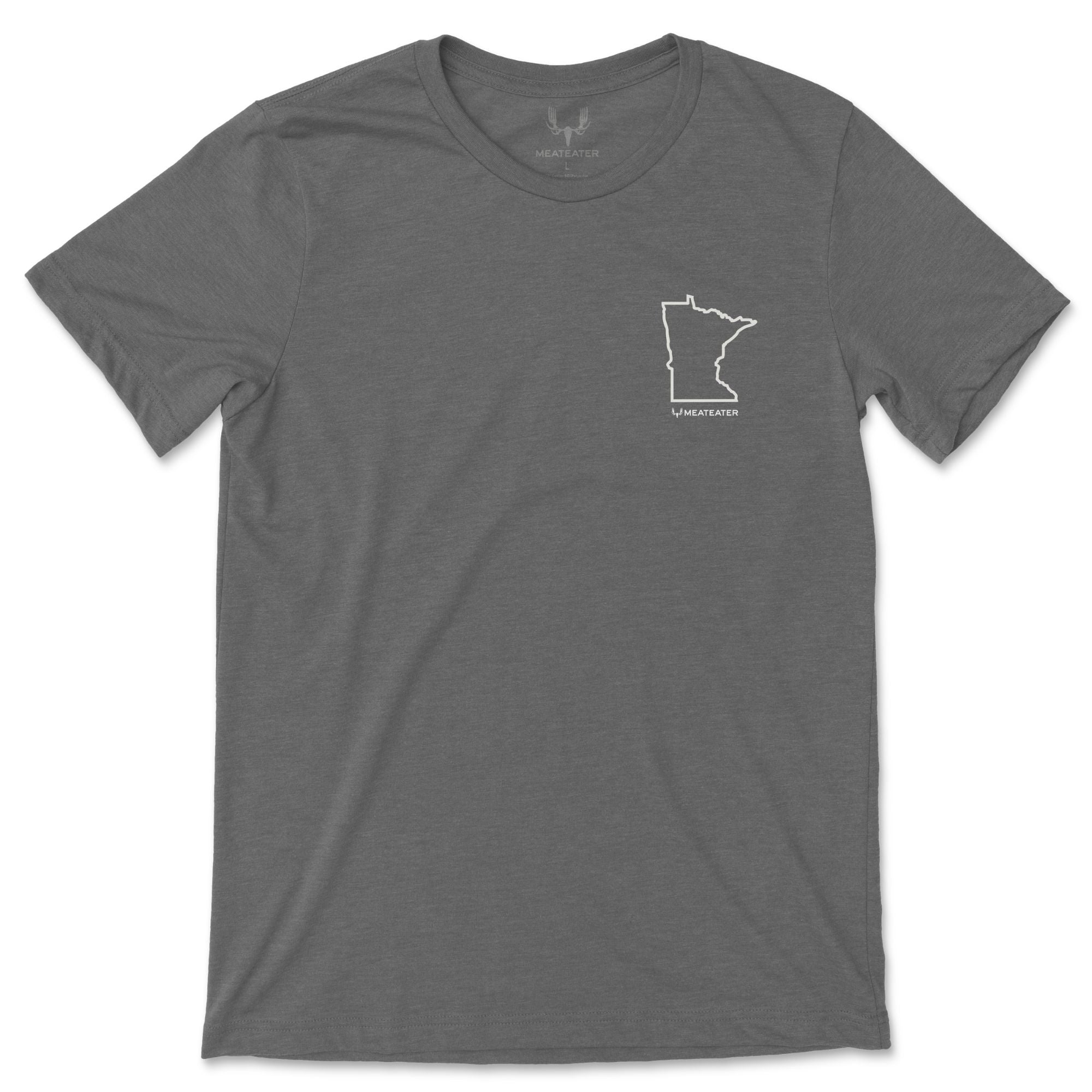 Gray t-shirt with Minnesota map featuring "MEATEATER" below in the upper left side of the t-shirt