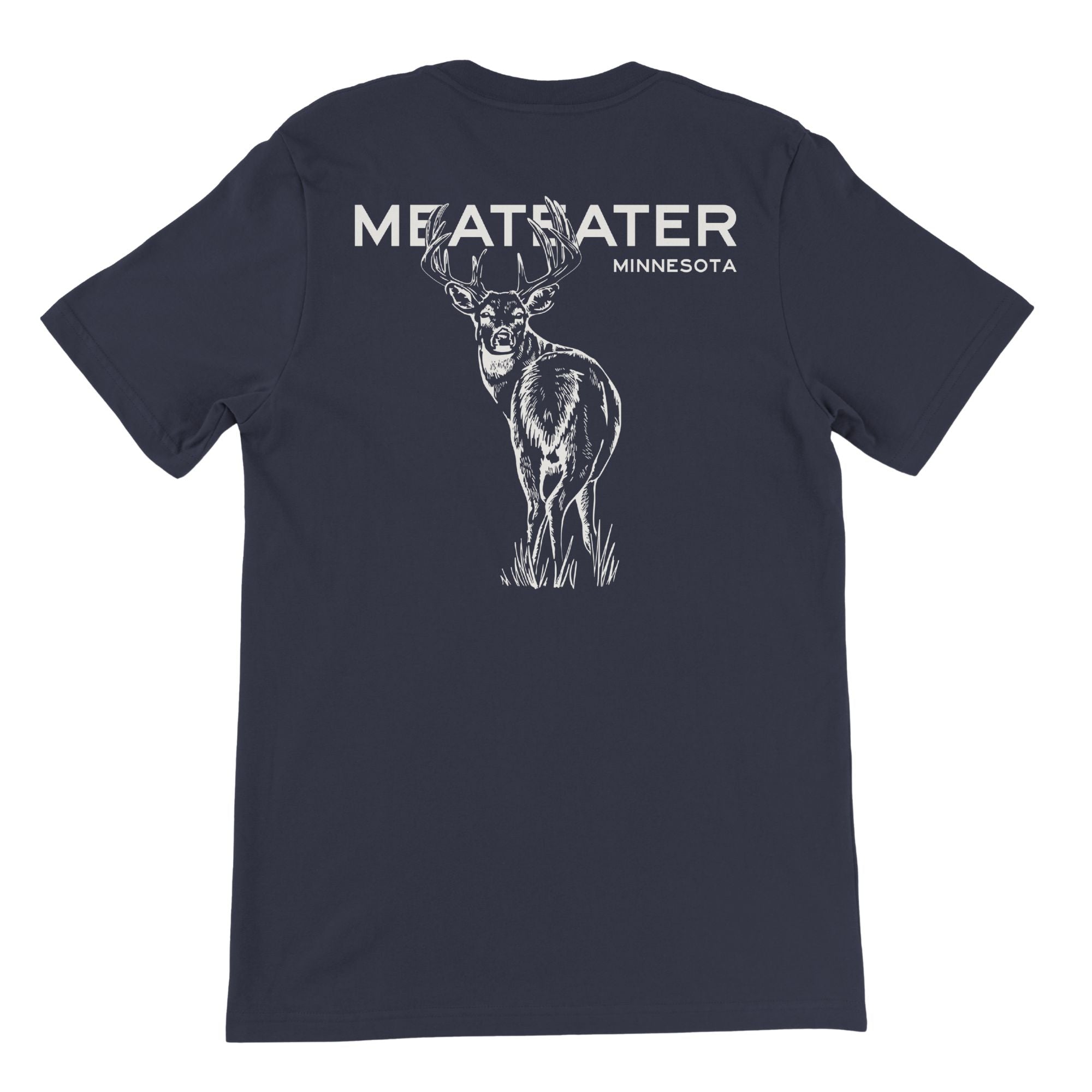 Navy t-shirt featuring "MEATEATER MINNESOTA" with a whitetail deer below