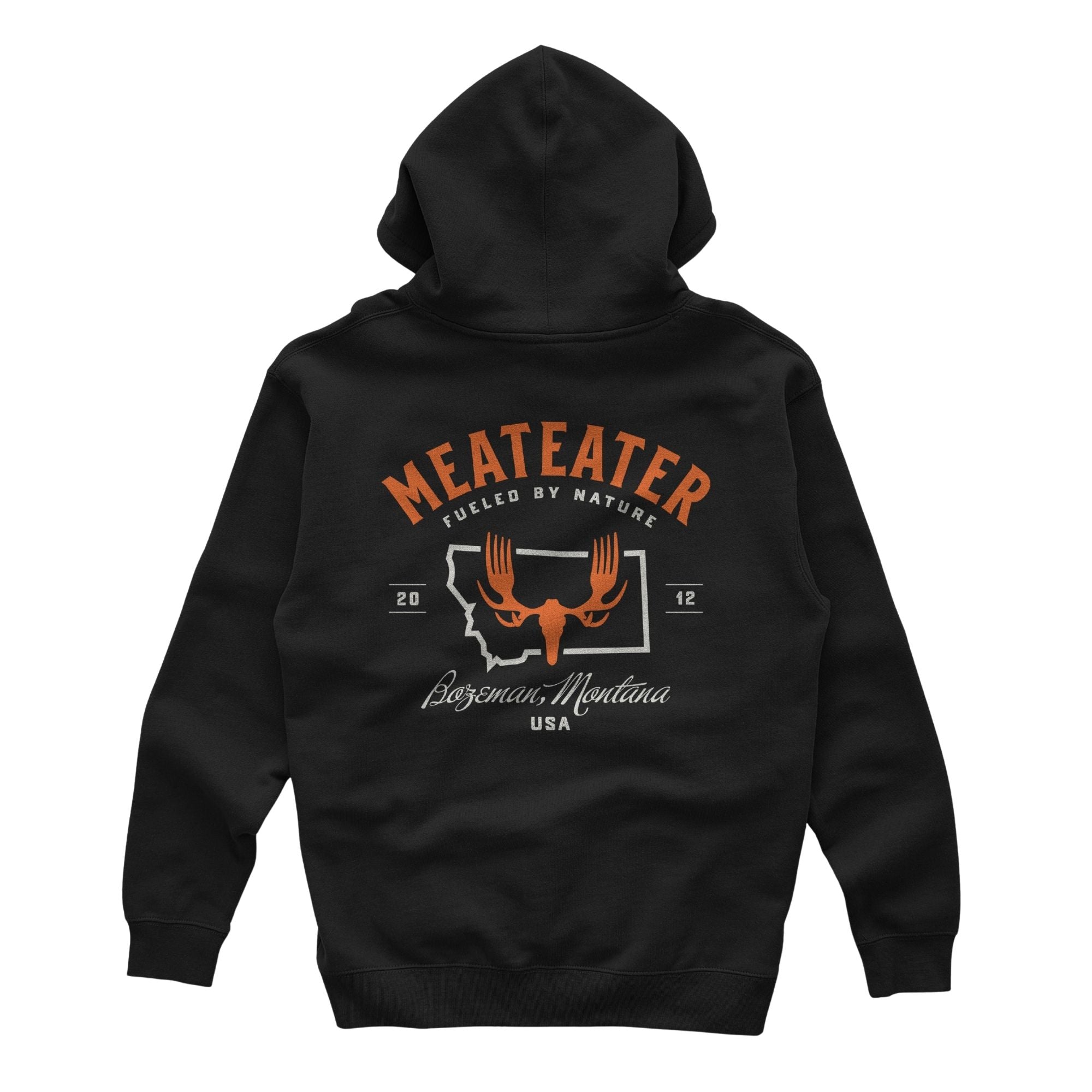 Black hoody with "MEATEATER Fueled by Nature Bozeman Montana" text and MEATEATER logo at the center.