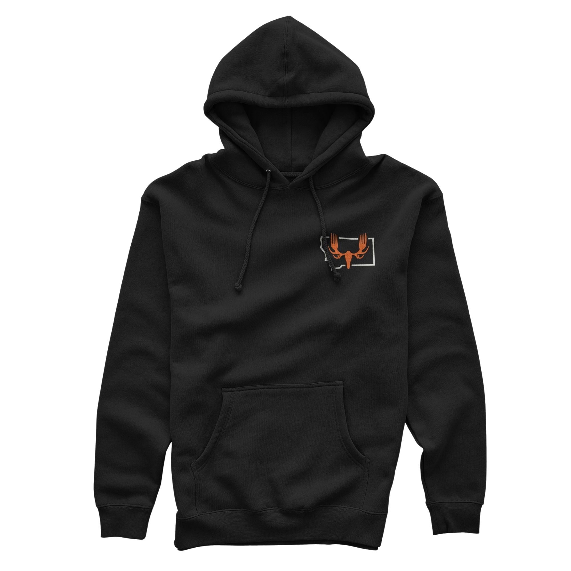 Black hoody with an orange MEATEATER logo inside a Montana map in the left chest, it has a drawstring hood, and kangaroo pocket.
