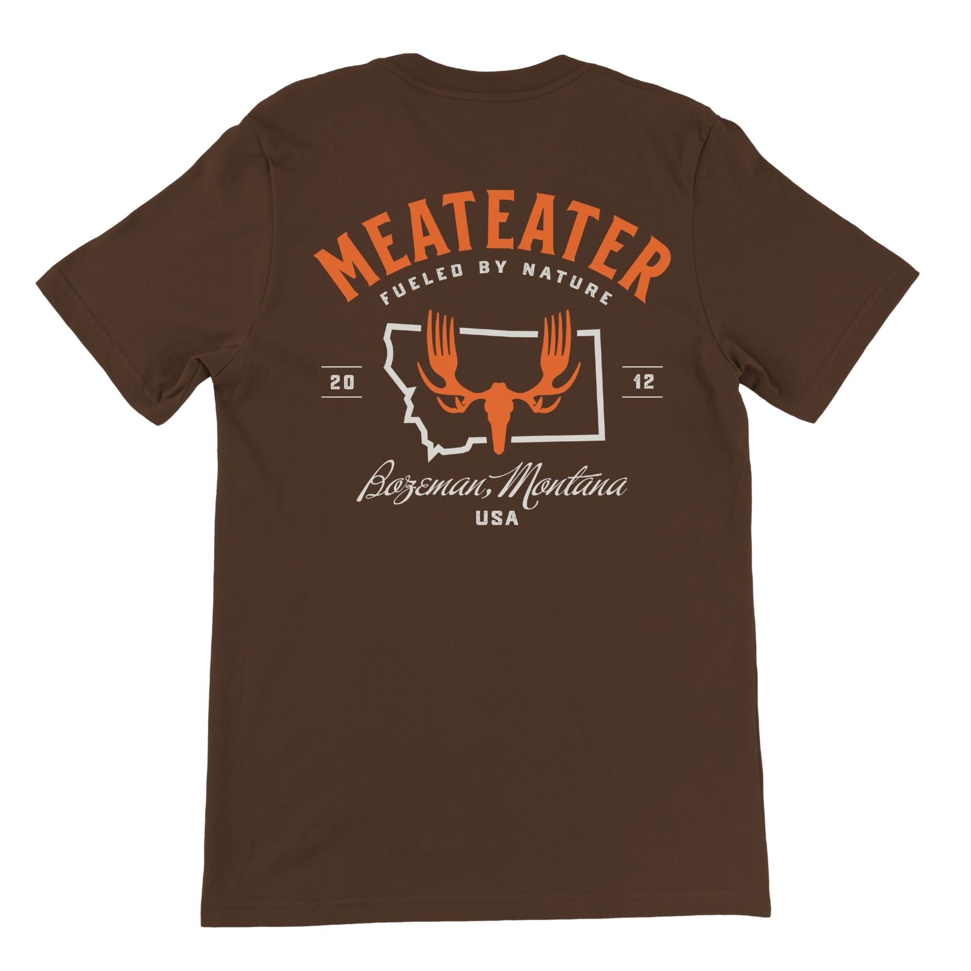 Brown t-shirt with "MEATEATER Fueled by Nature Bozeman Montana" text and MEATEATER logo at the center.
