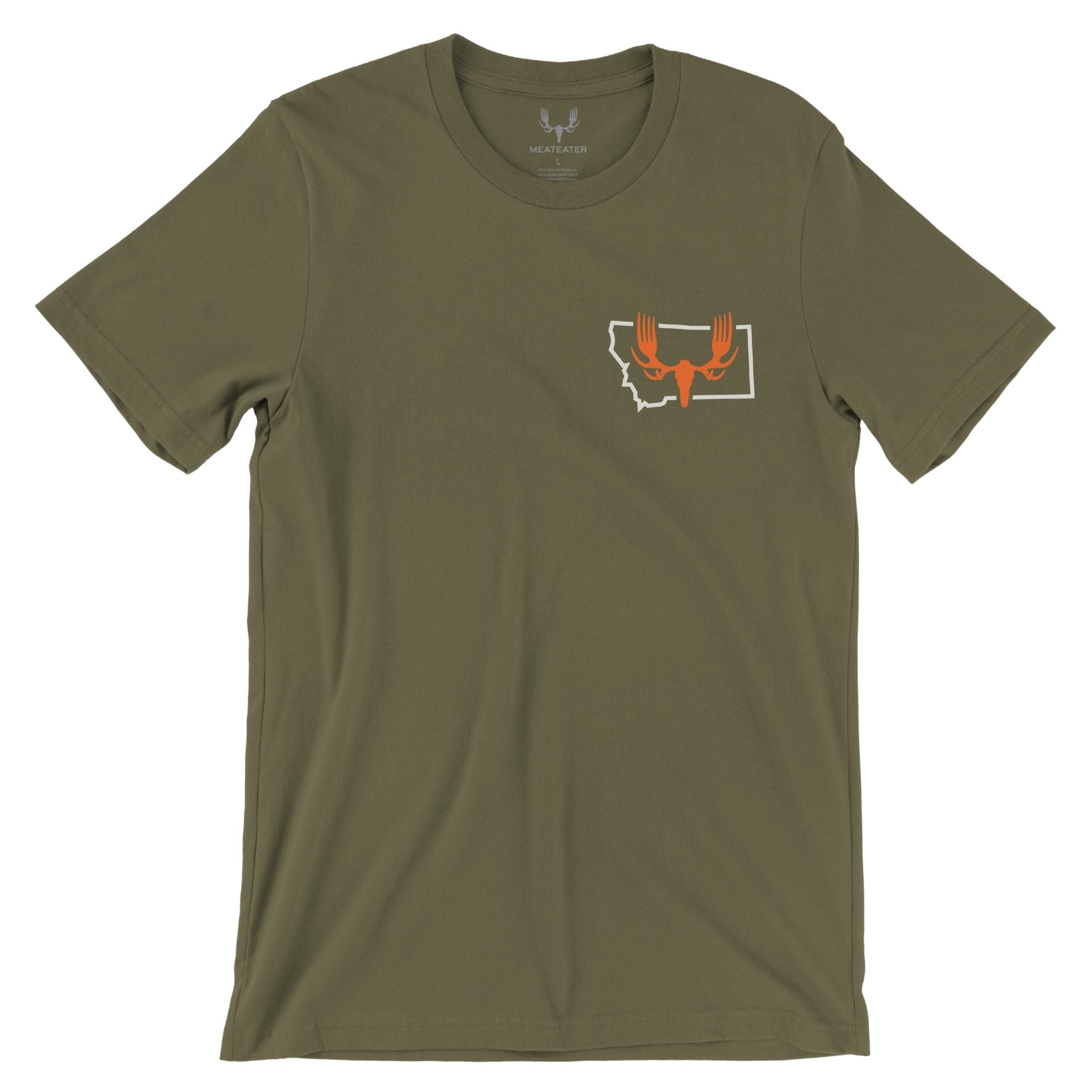 Military green t-shirt with an orange MEATEATER logo inside a Montana map in the left chest.