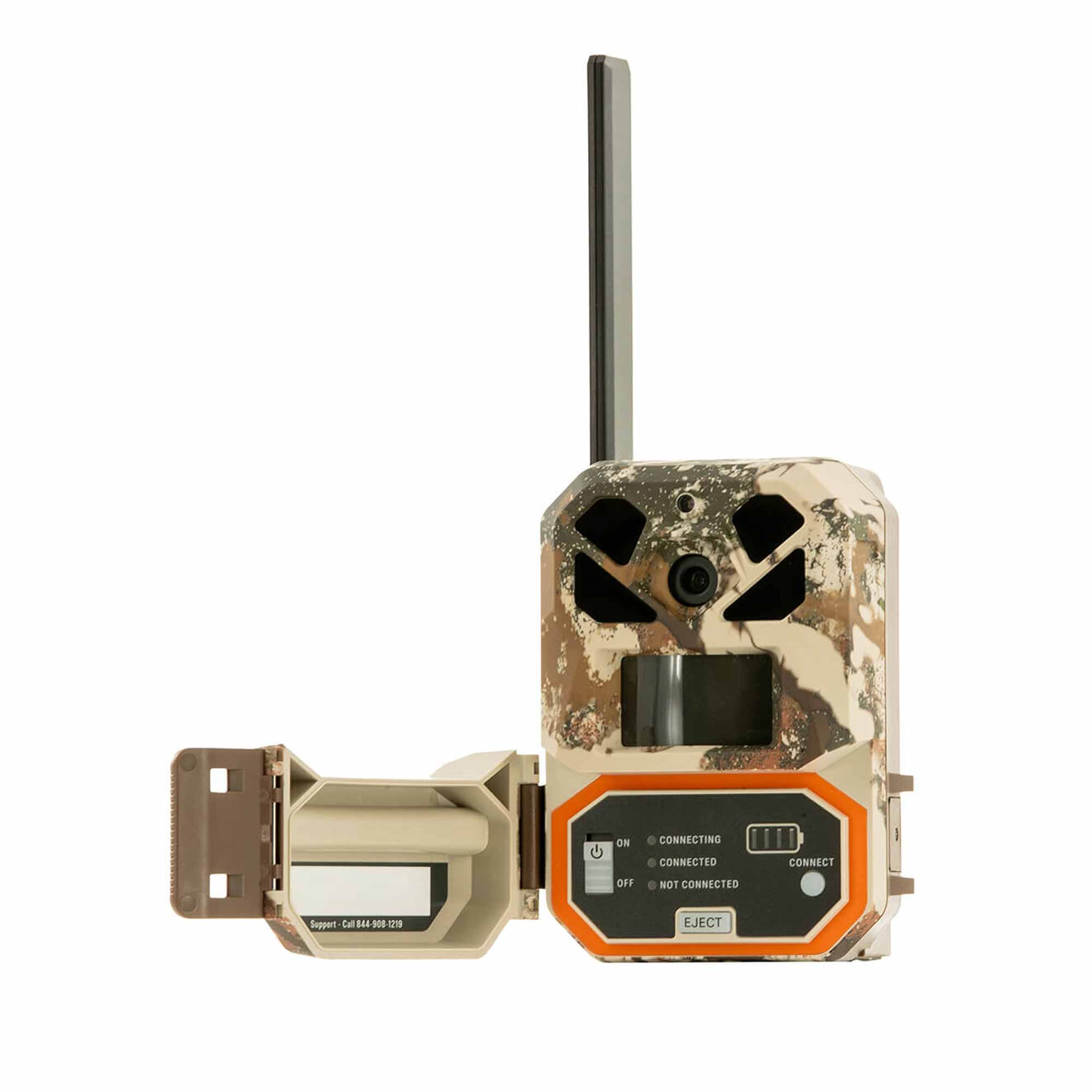 Camouflage hunting camera with antenna on a white background