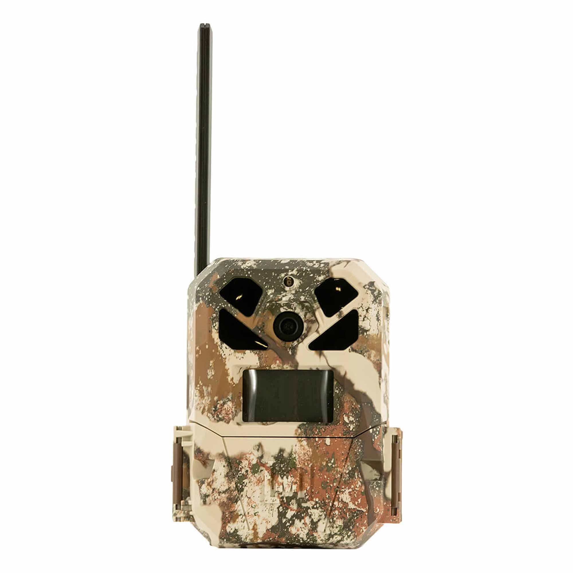 Camouflage-patterned hunting camera on a white background