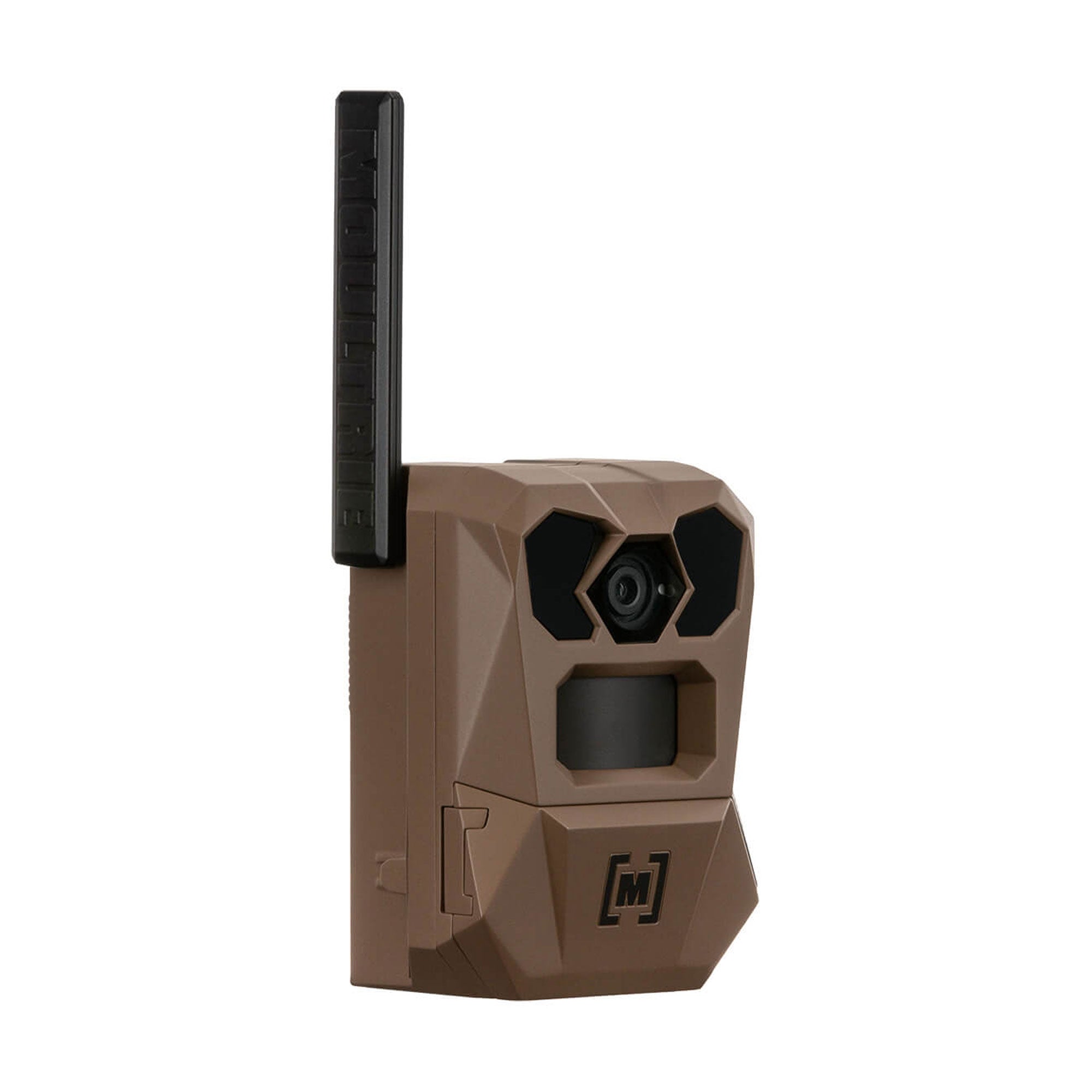 A trail wireless trail camera in a coyote brown color with a black antenna and black camera lens housing, shown on a solid white background.